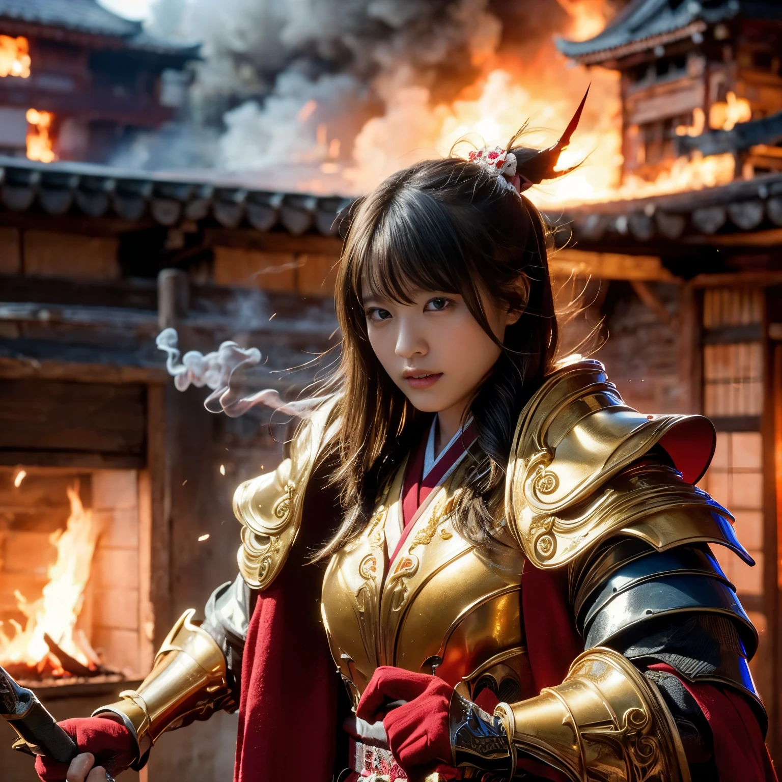 (((Realistic, masterpiece, best quality, crisp detail, high definition, high detail, sharp focus, perfect studio lightning))), 20 years old assassin, kasumi arimura, wearing (((fully decorated golden armor, armored kimono))), fighting stance, dirty, sweating, blood scattered, bloodbath, carnage, fire everywhere, smoke everywhere, blood everywhere, death everywhere, japan bakumatsu period, (((dead bodies,carcass, ,fire,smoke,burned japanese castle village,hell) traditional village background)