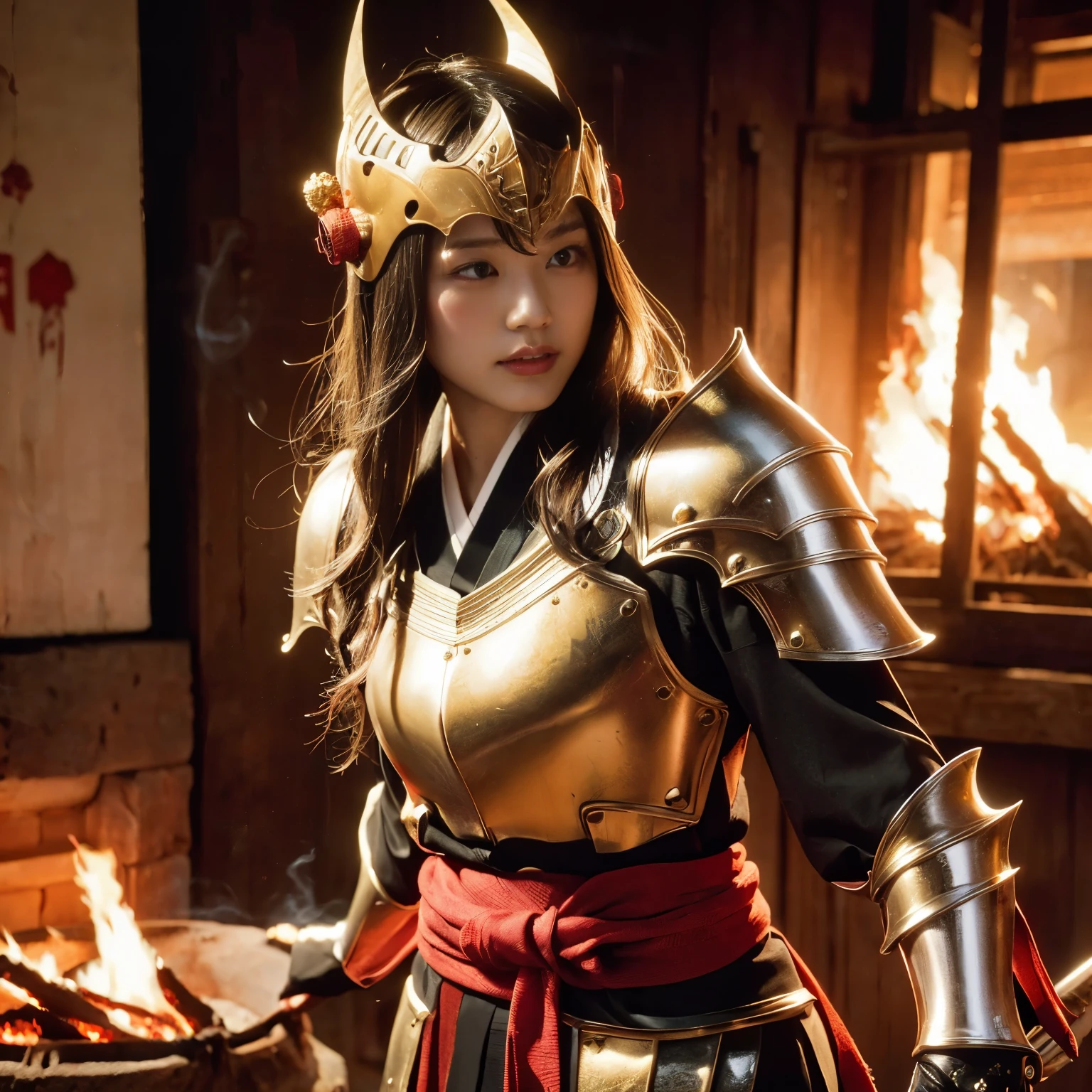 (((Realistic, masterpiece, best quality, crisp detail, high definition, high detail, sharp focus, perfect studio lightning))), 20 years old assassin, kasumi arimura, wearing (((fully decorated golden armor, armored kimono))), fighting stance, dirty, sweating, blood scattered, bloodbath, carnage, fire everywhere, smoke everywhere, blood everywhere, death everywhere, japan bakumatsu period, (((dead bodies,carcass, ,fire,smoke,burned japanese castle village,hell) traditional village background)