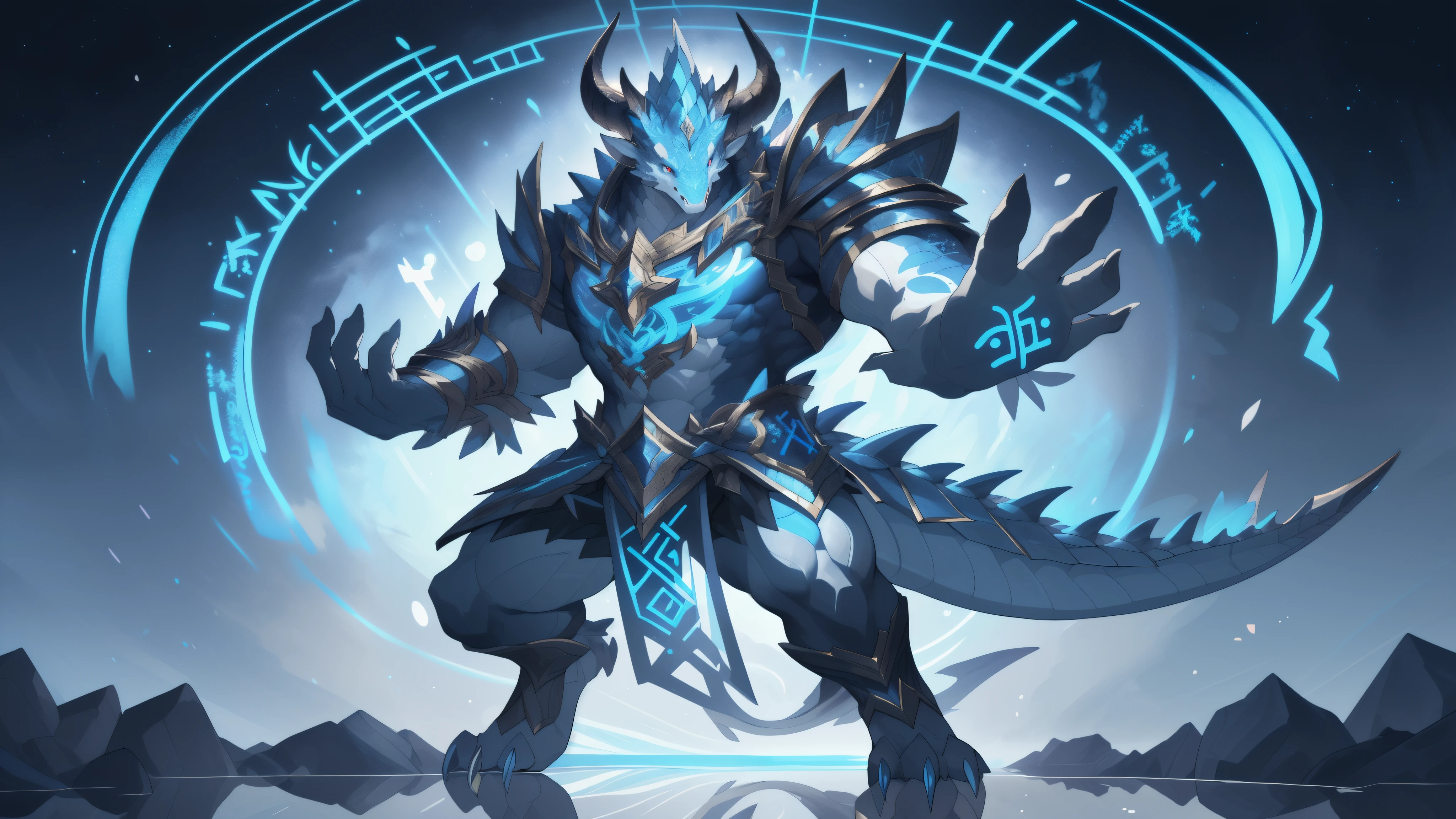 masterpiece, ultra detailed, multicolored eyes, celestial being, solo focus, male, horn, scales, orichalcum, reflective, dispersion, (spectrum:1.1), flakes, (runes:1.2), full body, floating hands, swaying, shadowverse, cygames, official art, video games, digitigrade, muscular, detailed eyes