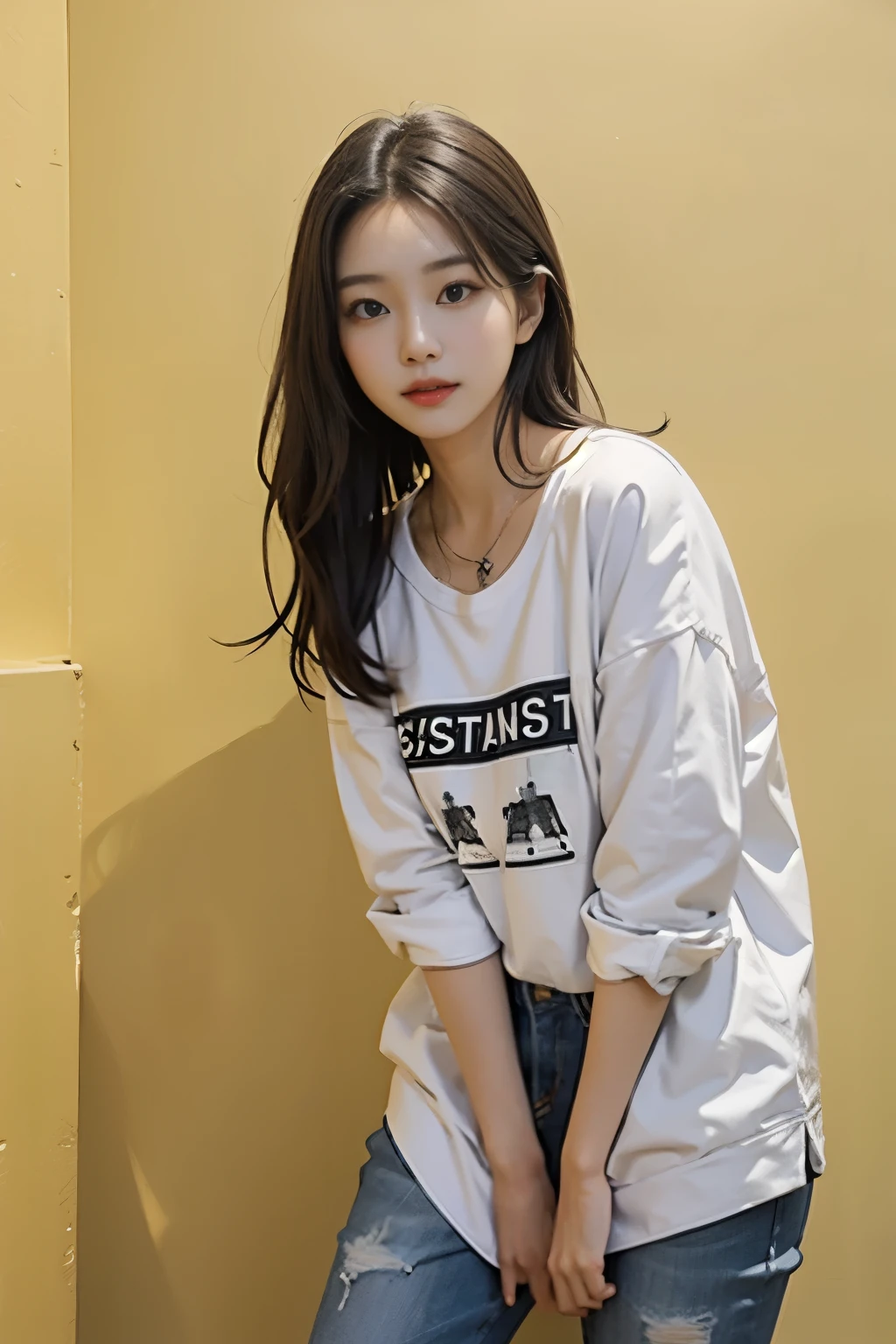 A woman wearing a white shirt and jeans is posing for a photo, korean beauty, different actions,