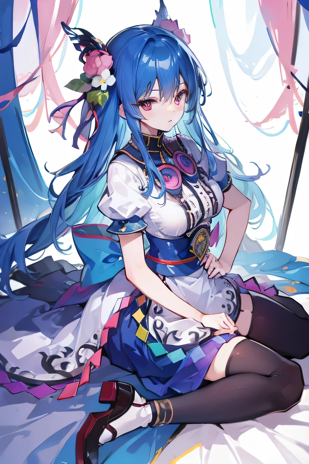 (masterpiece),best quality, expressive eyes, perfect face, 1girl,
big breasts, H cup, Good breasts, Put your hands on your waist,Fair, Gorgeous,japanese manga,girl,Laura,young angel, blue hair, blue haired,tent , tent chest, tent breast, floating clothes,grab your waist, grab your waist, hands on hips , hands on hips,sit, sit on ground, legs on the ground