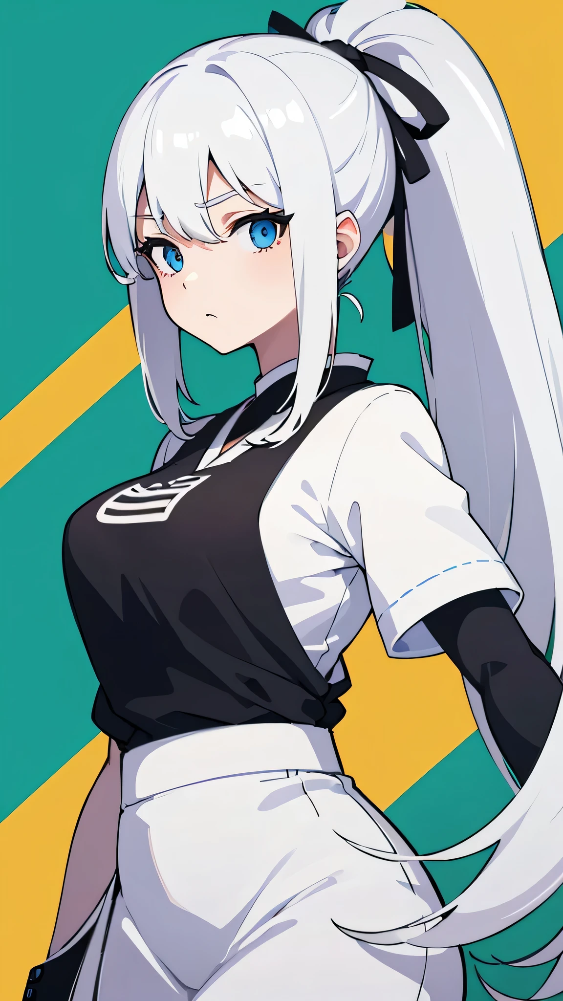 one woman,((white t-shirt)),Are standing,,big breasts,((whole body)),beautiful face,No expression,long hair,ponytail,gray hair,deep sky blue eyes,yellow green background color,From before,black ribbon,anime style,high quality,Japanese