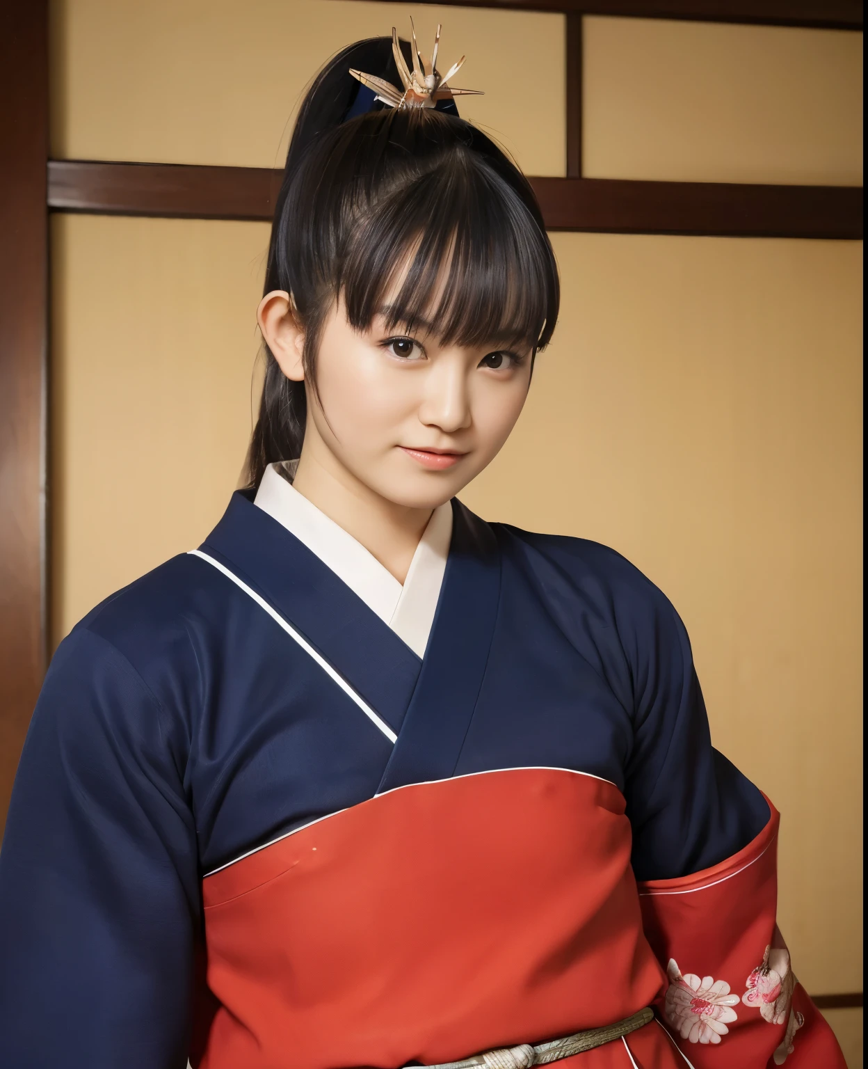 (highest quality:1.2),(perfect beautiful face:1.2),(perfect and beautiful posture:1.2),(japanese woman:1.1), ponytail hair,At a Japanese inn, smile, (Chunky muscular body:1.2),Ultra-high precision photos,clear eyes, (blue japanese clothes:1.3),No sleeve