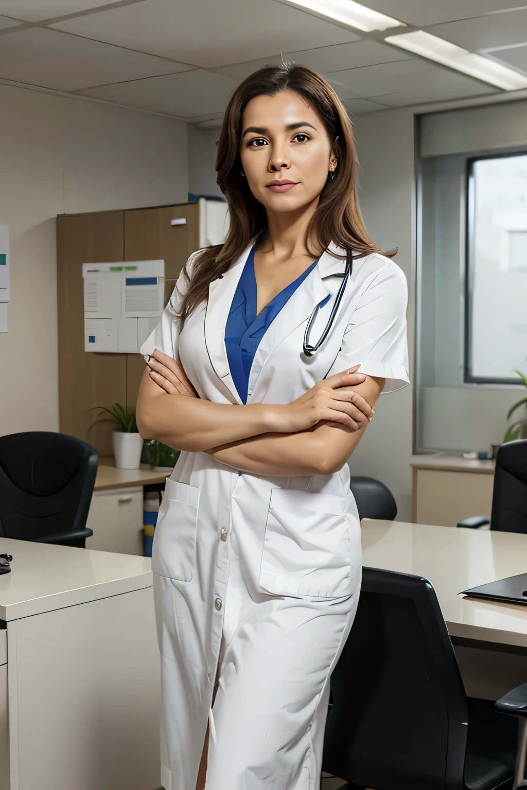 Generate a realistic and formal image of a successful doctor over 50 years old inside an office ,trajada de jaleco branco, para propaganda de um medicamento