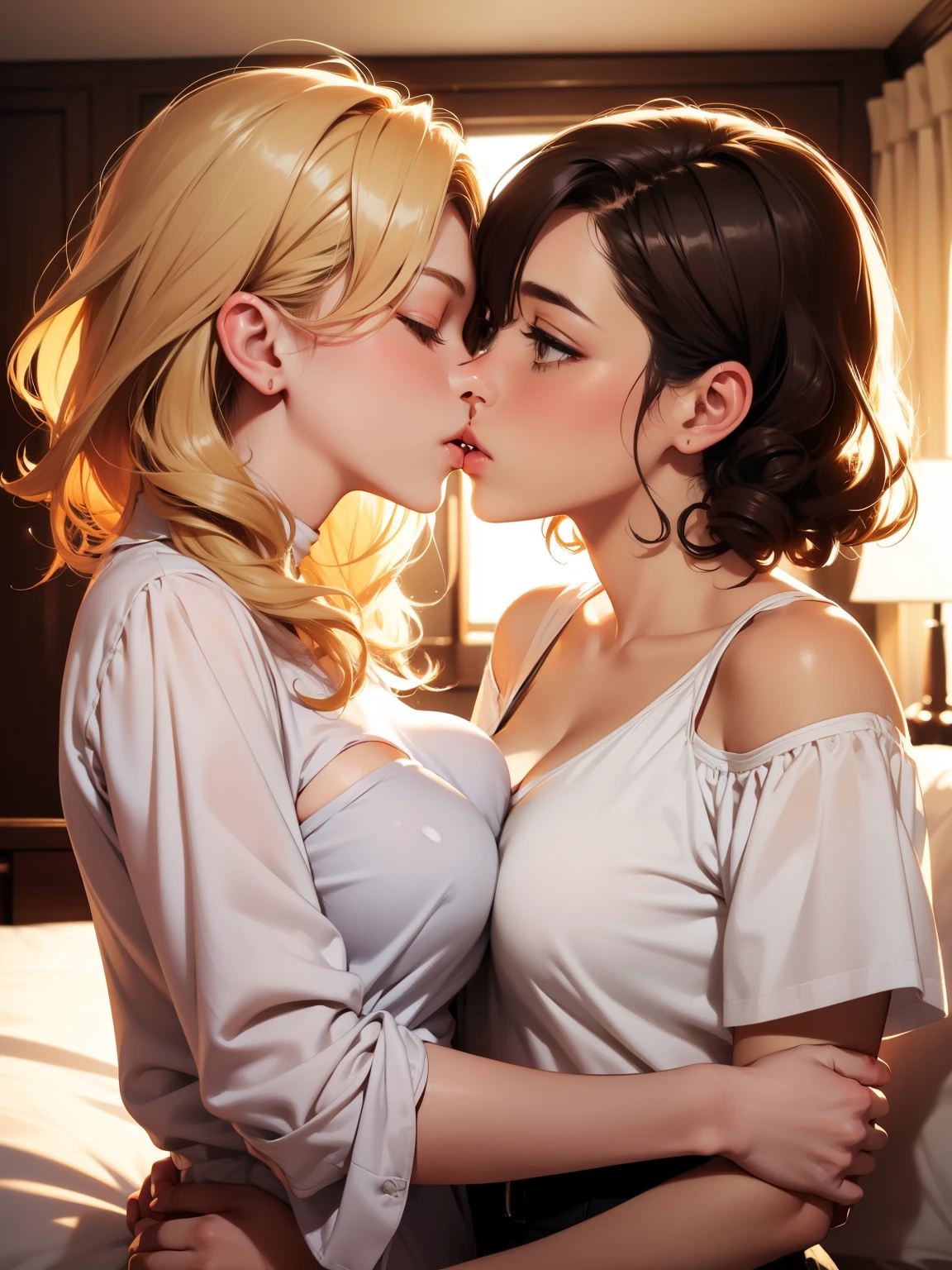 Female couple kissing in bed with woman in white shirt, (SFW) Work, kissing together cutely, Girl Love Art, OPPEIN, Side milk, Slightly saggy big breasts, small breasts, (((Extra long yellow curly hair))), (((Shoulder-length brown side-parted short hair))), (girl love kiss), The mouth is very detailed, (girl love hug), touch her clothes, touch her breasts, SFW version