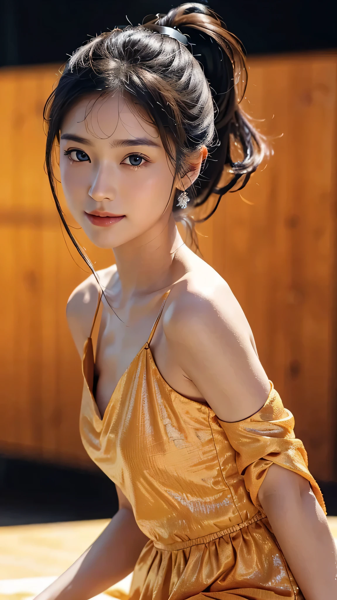 One woman,fully body photo,masutepiece, The highest image quality, High quality, the background is clear，Beautiful woman, Japanese, Detailed, Detailed eyes, Detailed skin, Beautiful skin, 超hight resolution, (reality: 1.4),Very beautiful woman, Slightly younger face, Beautiful skin, slender, (Ultra photo realsisim), (hight resolution), (8K), (Very detailed) (beautifully detailed eyes), (super detailed),   (Detailed face), view the viewer, Fine details, Detailed face, Staring straight ahead, Staring straight ahead, photos realistic, Bright lighting, Professional Lighting, Black hair,poneyTail,a ,sixteen ye is ponytail,long ponytail hairstyle,smile,Orange colored long dress with lots of ruffles, softly shaped skirt,standing on stage,close up of face