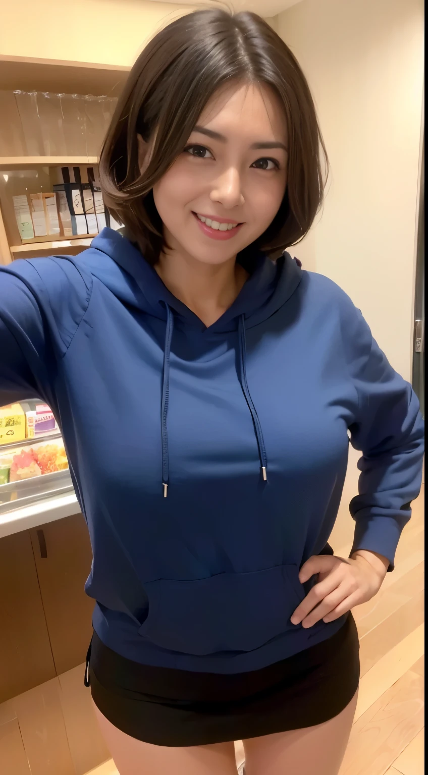 ​(masterpiece, highest quality), japanese mature, (alone), 60 years old, (wrinkles around the eyes:1.55), big breasts, mature woman, Glamour, Sexy, pure white skin, looking at the viewer、(super big breasts:1.28)、(short hair)、small diamond necklace、earrings、(((hoodie, jeggings)))、short boots、smile、Public place、full body photo、