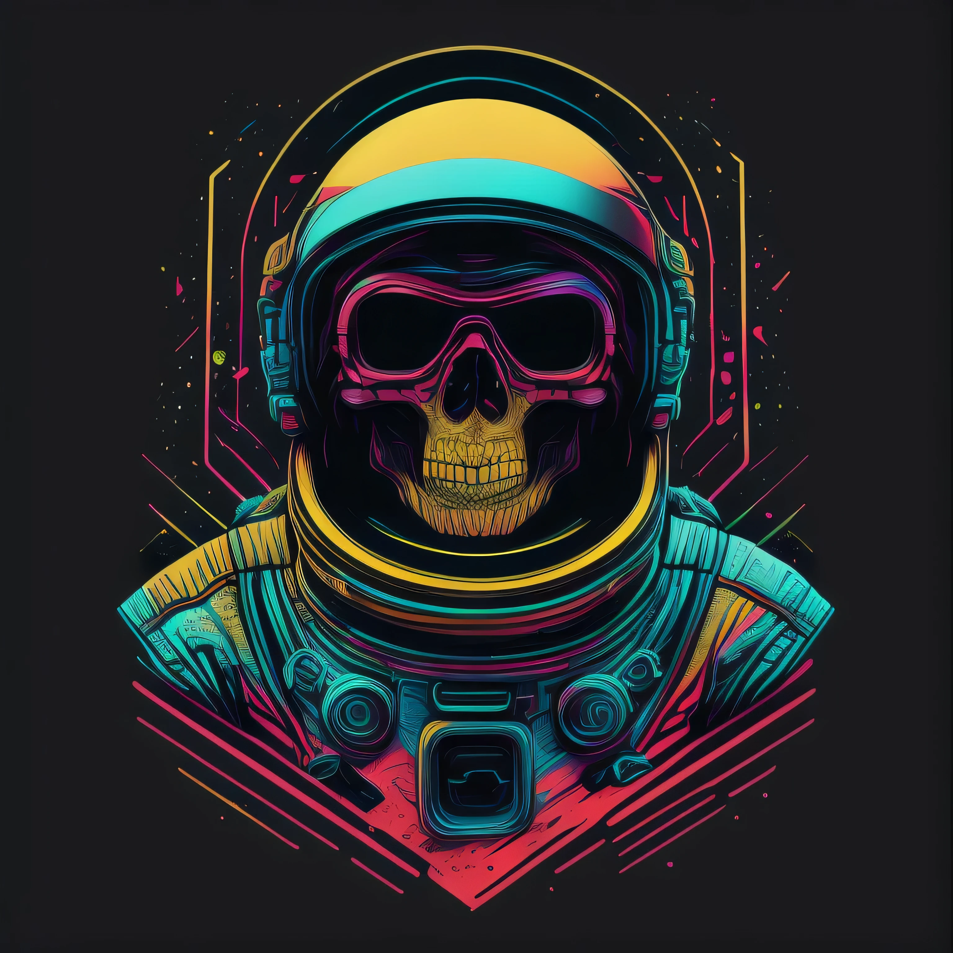 skull face astronaut, the space, galaxy, 80's vector image, T-shirt design, isolated, black background, cyan yellow illustration and red only, strong color