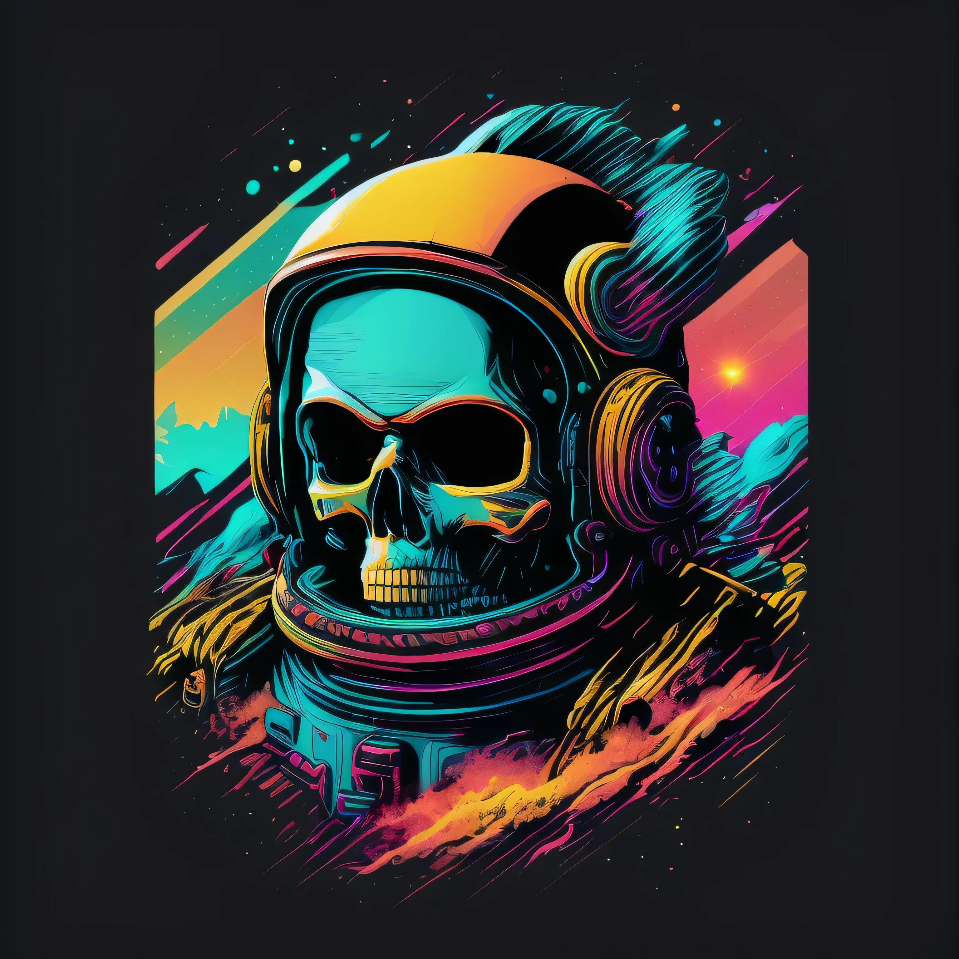skull face astronaut, the space, galaxy, 80's vector image, T-shirt design, isolated, black background, cyan yellow illustration and red only, strong color