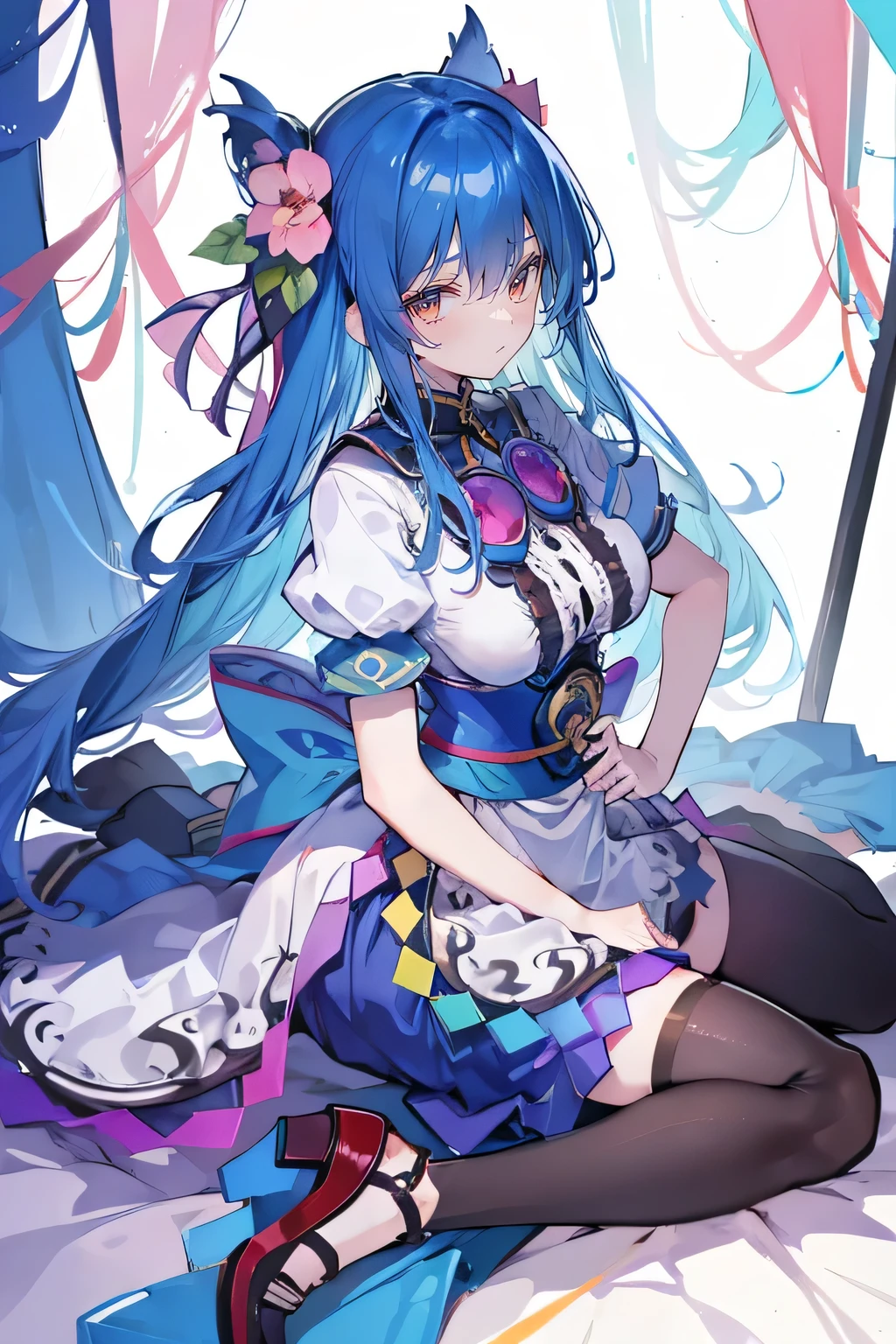 (masterpiece),best quality, expressive eyes, perfect face, 1girl,
big breasts, H cup, Good breasts, Put your hands on your waist,Fair, Gorgeous,japanese manga,girl,Laura,young angel, blue hair, blue haired,tent , tent chest, tent breast, floating clothes,grab your waist, grab your waist, hands on hips , hands on hips,sit, sit on ground, legs on the ground