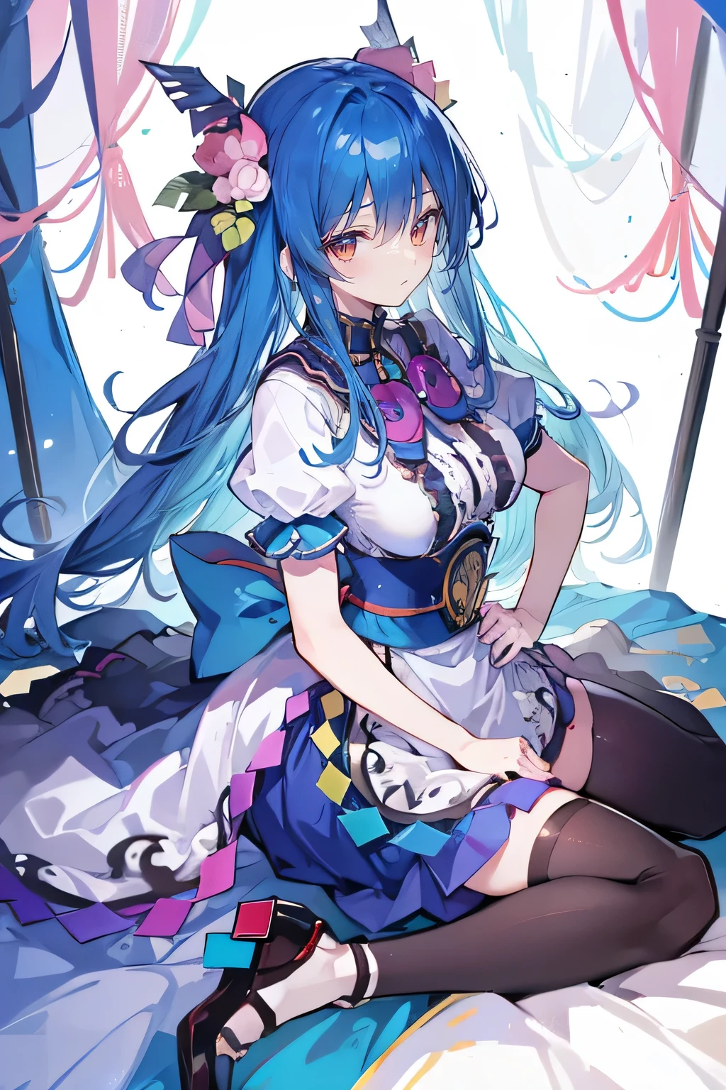 (masterpiece),best quality, expressive eyes, perfect face, 1girl,
big breasts, H cup, Good breasts, Put your hands on your waist,Fair, Gorgeous,japanese manga,girl,Laura,young angel, blue hair, blue haired,tent , tent chest, tent breast, floating clothes,grab your waist, grab your waist, hands on hips , hands on hips,sit, sit on ground, legs on the ground