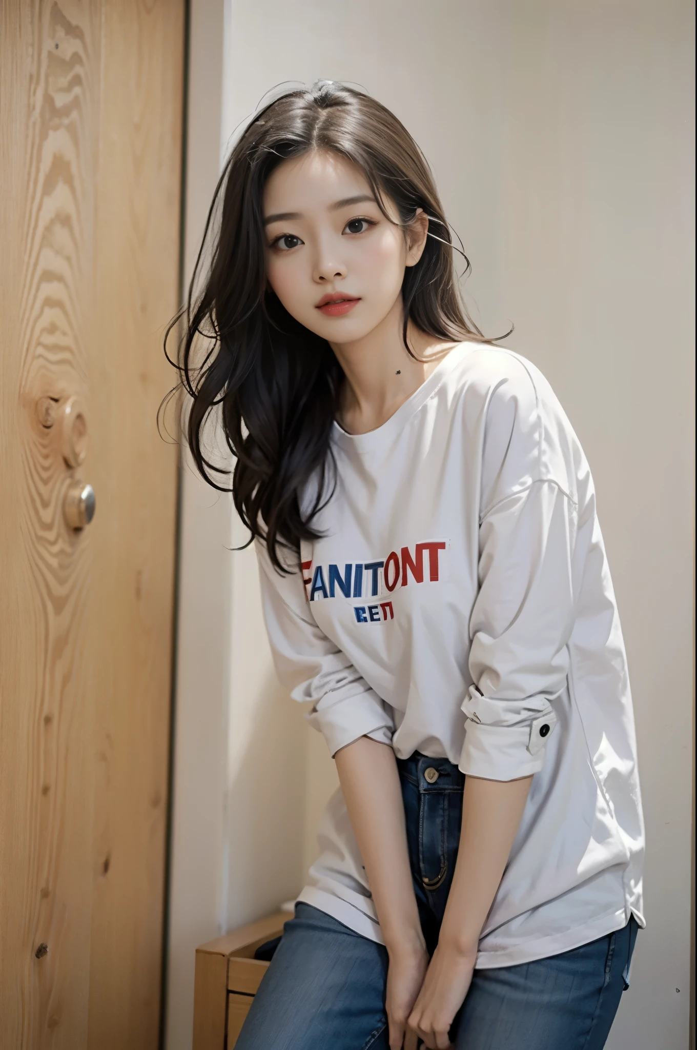 A woman wearing a white shirt and jeans is posing for a photo, korean beauty, different actions,