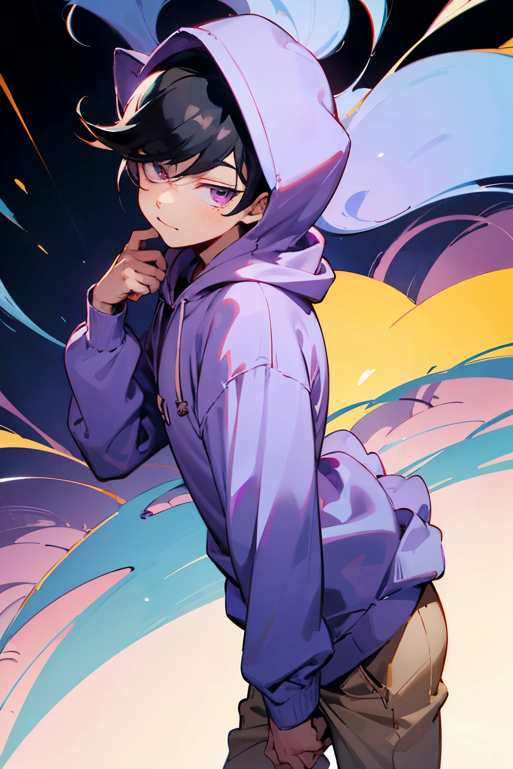 Osomatsu-san，One loose，1 person，purple hoodie，male，Stinking eyeessy hair，purple eyes，short thin eyebrows