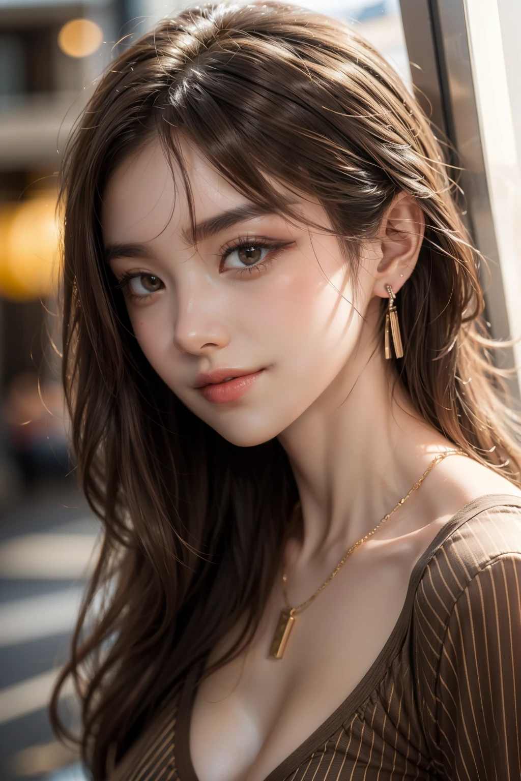 (best quality, 8k,32k,masterpiece, UHD:1.2),extremely detailed CG unity 8k wallpaper,intricate details,Raw photo,(photorealistic:1.4),atmosphere,ultra high res,Realistic,Real,Huge_filesize,incredibly absurdres,(centered:1.3),Ultra illustration,(ultra-detailed),cinematic lighting,various colors,depth of field,art by krenz cushart,golden hour lighting,taken by Canon EOS,SIGMA Art Lens 35mm F1.4,ISO 200 Shutter Speed 2000,blurry background,
BREAK,
1girl,(smile:1.3),slim body,(long straighthair:1.4),solo,20-year-old Japanese beautiful woman,(zoo red stripe shirt:1.5),(light brown hair:1.5),((brown eyes)),Large ,chest, Soft white skin that shines with every detail,pale skin,Very beautiful face,Very well-formed face,Natural and realistic face,Best,beautiful detailed eyes,striking eyes,Eyes drawn in detail, smile with your mouth closed,Detailed mouth,Detailed lips,shiny beautiful lips,Glossy lips,simple earrings,necklace,jewelry, solo focus,low neckline,
BREAK,
Back lighting,kool,Standing,
BREAK,
(Dutch angle:1.4),cowboy shot,looking at viewer,
BREAK,tzuyu,yui aragaki,