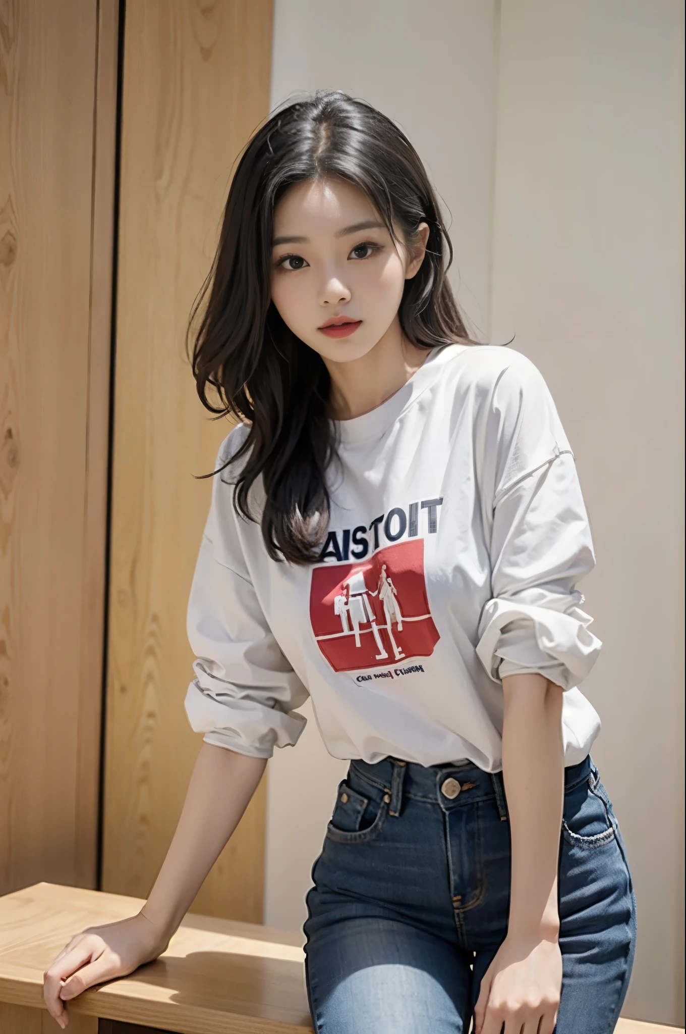 A woman wearing a white shirt and jeans is posing for a photo, korean beauty, different actions,
