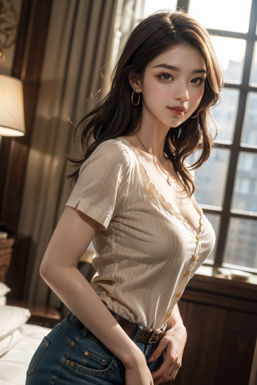 (best quality, 8k,32k,masterpiece, UHD:1.2),extremely detailed CG unity 8k wallpaper,intricate details,Raw photo,(photorealistic:1.4),atmosphere,ultra high res,Realistic,Real,Huge_filesize,incredibly absurdres,(centered:1.3),Ultra illustration,(ultra-detailed),cinematic lighting,various colors,depth of field,art by krenz cushart,golden hour lighting,taken by Canon EOS,SIGMA Art Lens 35mm F1.4,ISO 200 Shutter Speed 2000,blurry background,
BREAK,
1girl,(smile:1.3),slim body,(long straighthair:1.4),solo,20-year-old Japanese beautiful woman,(hotel blue stripe shirt:1.5),(light brown hair:1.5),((brown eyes)),Large breasts,chest, Soft white skin that shines with every detail,pale skin,Very beautiful face,Very well-formed face,Natural and realistic face,Best,beautiful detailed eyes,striking eyes,Eyes drawn in detail, smile with your mouth closed,Detailed mouth,Detailed lips,shiny beautiful lips,Glossy lips,simple earrings,necklace,jewelry, solo focus,low neckline,
BREAK,
Back lighting,kool,Standing,
BREAK,
(Dutch angle:1.4),cowboy shot,looking at viewer,
BREAK,tzuyu,yui aragaki,