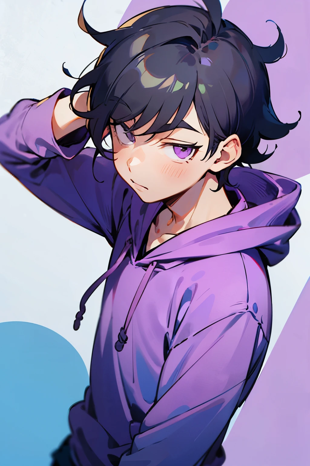 Osomatsu-san,One loose,1 person,purple hoodie,male,Stinking eyeessy hair,purple eyes,short thin eyebrows