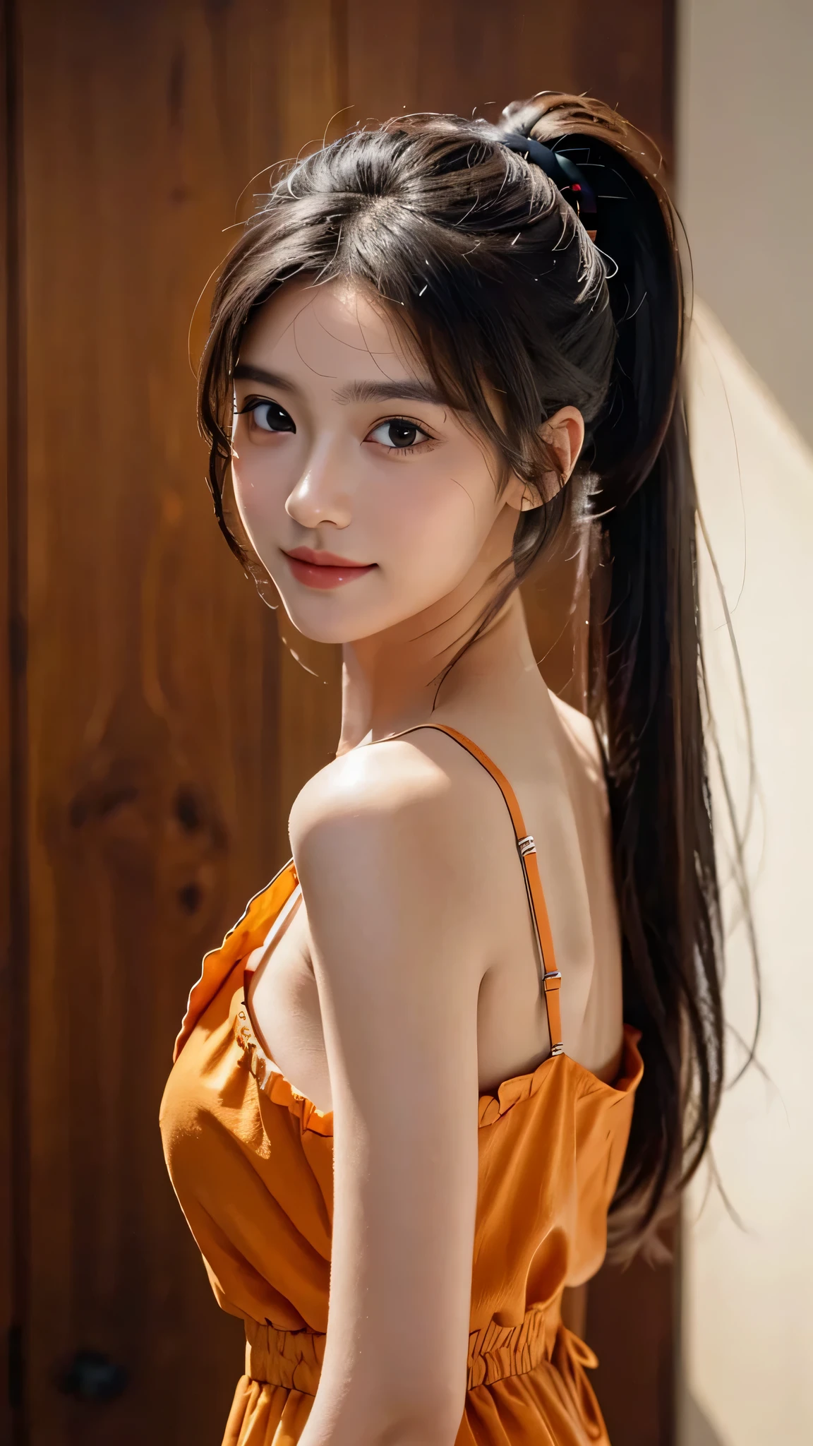 One woman,fully body photo,masutepiece, The highest image quality, High quality, the background is clear，Beautiful woman, Japanese, Detailed, Detailed eyes, Detailed skin, Beautiful skin, 超hight resolution, (reality: 1.4),Very beautiful woman, Slightly younger face, Beautiful skin, slender, (Ultra photo realsisim), (hight resolution), (8K), (Very detailed) (beautifully detailed eyes), (super detailed),   (Detailed face), view the viewer, Fine details, Detailed face, Staring straight ahead, Staring straight ahead, photos realistic, Bright lighting, Professional Lighting, Black hair,poneyTail,a baby face,sixteen years old,Hairstyle is ponytail,long ponytail hairstyle,smile,Orange colored long dress with lots of ruffles, softly shaped skirt,standing on stage,close up of face