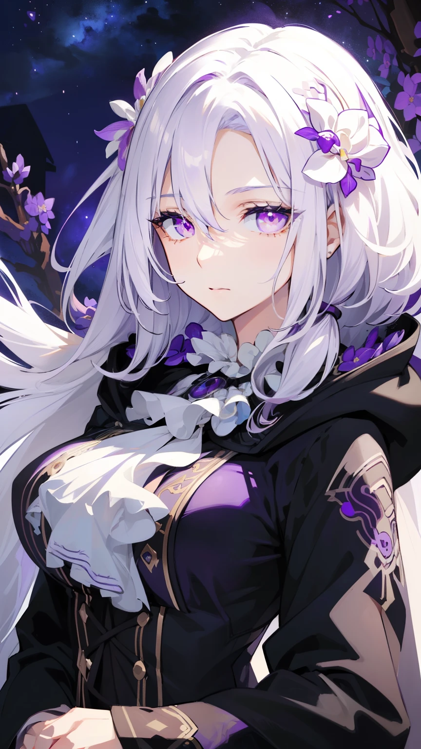 (best quality:1.3), (masterpiece:1.3), (illustration:1.3), (ultra-detailed:1.3), 1girl, (((large breasts))), ((((purple eyes))), (((white hair))), hair ornaments, tall, mature, long hair, upper body, black suit, ascot, cloak, long sleeves, skirt, dressaug, hair between eyes, purple flowers, looking at viewer, hair ornament, night sky, glowing purple flowers, french braids, nice hands, perfect hands,