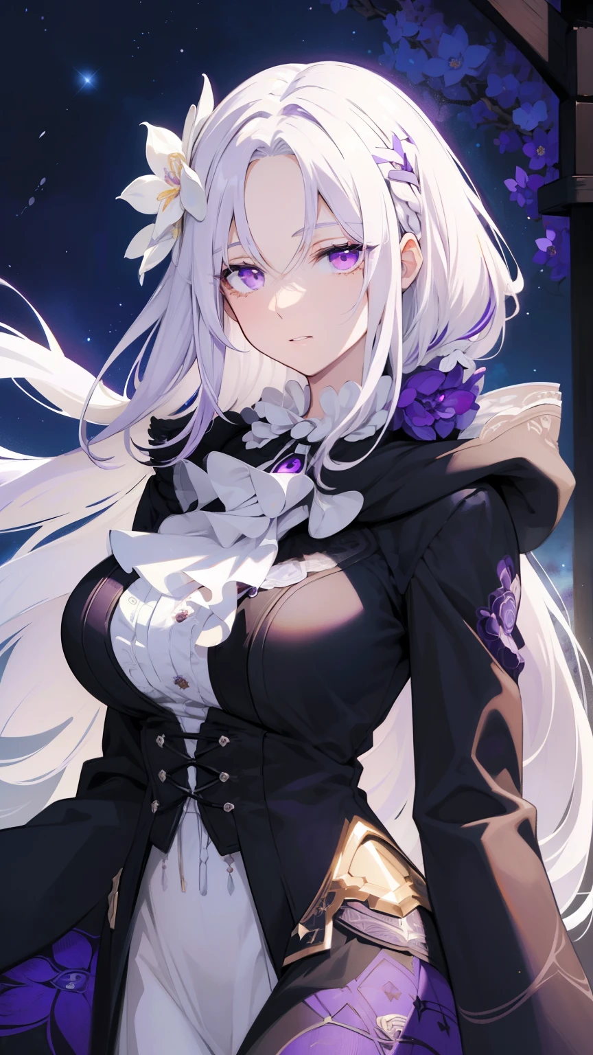 (best quality:1.3), (masterpiece:1.3), (illustration:1.3), (ultra-detailed:1.3), 1girl, (((large breasts))), ((((purple eyes))), (((white hair))), hair ornaments, tall, mature, long hair, upper body, black suit, ascot, cloak, long sleeves, skirt, dressaug, hair between eyes, purple flowers, looking at viewer, hair ornament, night sky, glowing purple flowers, french braids, nice hands, perfect hands,