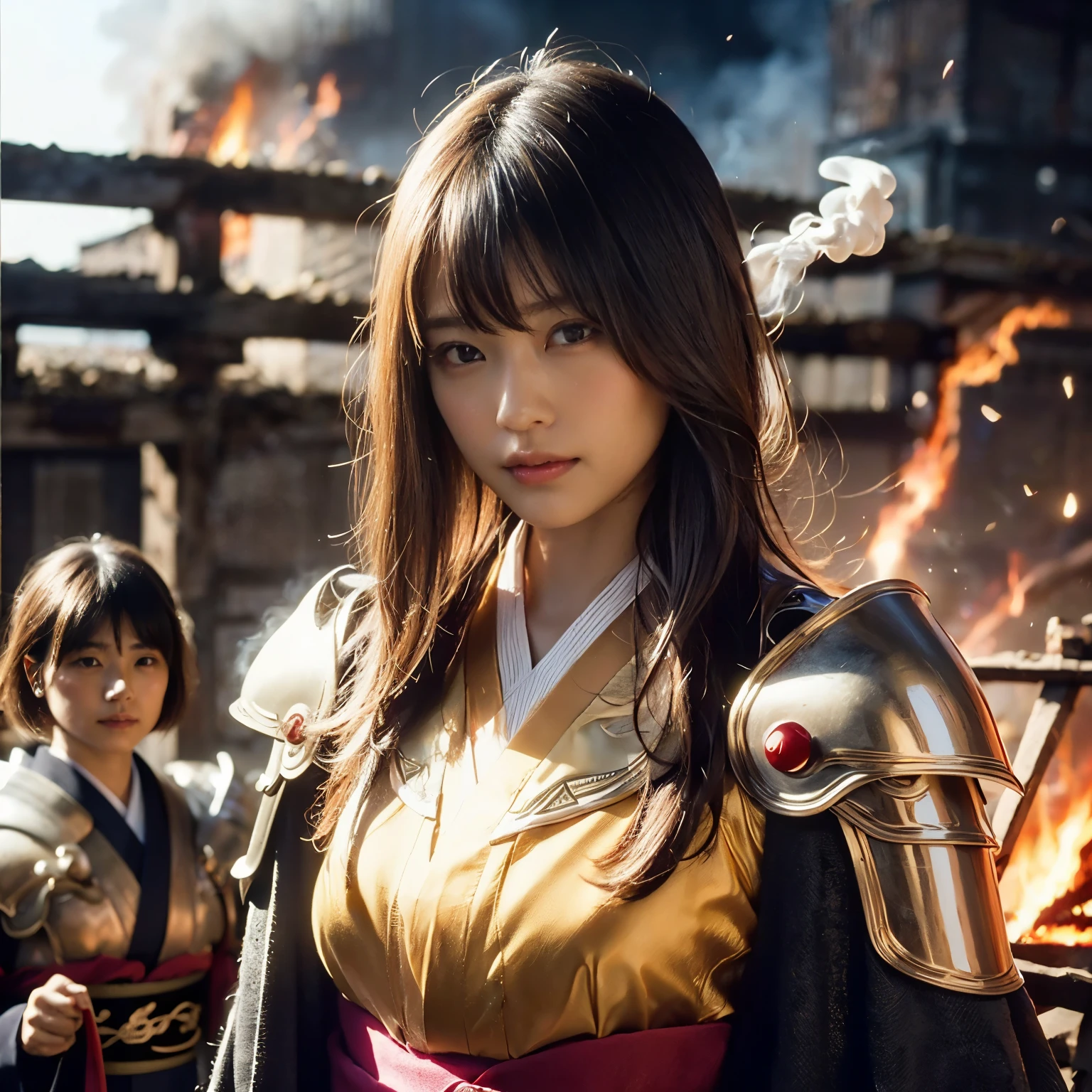 (((Realistic, masterpiece, best quality, crisp detail, high definition, high detail, sharp focus, perfect studio lightning))), 20 years old assassin, kasumi arimura, wearing (((fully decorated golden armor, armored kimono))), fighting stance, dirty, sweating, blood scattered, bloodbath, carnage, fire everywhere, smoke everywhere, blood everywhere, death everywhere, japan bakumatsu period, (((dead bodies,carcass, ,fire,smoke,burned japanese castle village,hell) traditional village background)