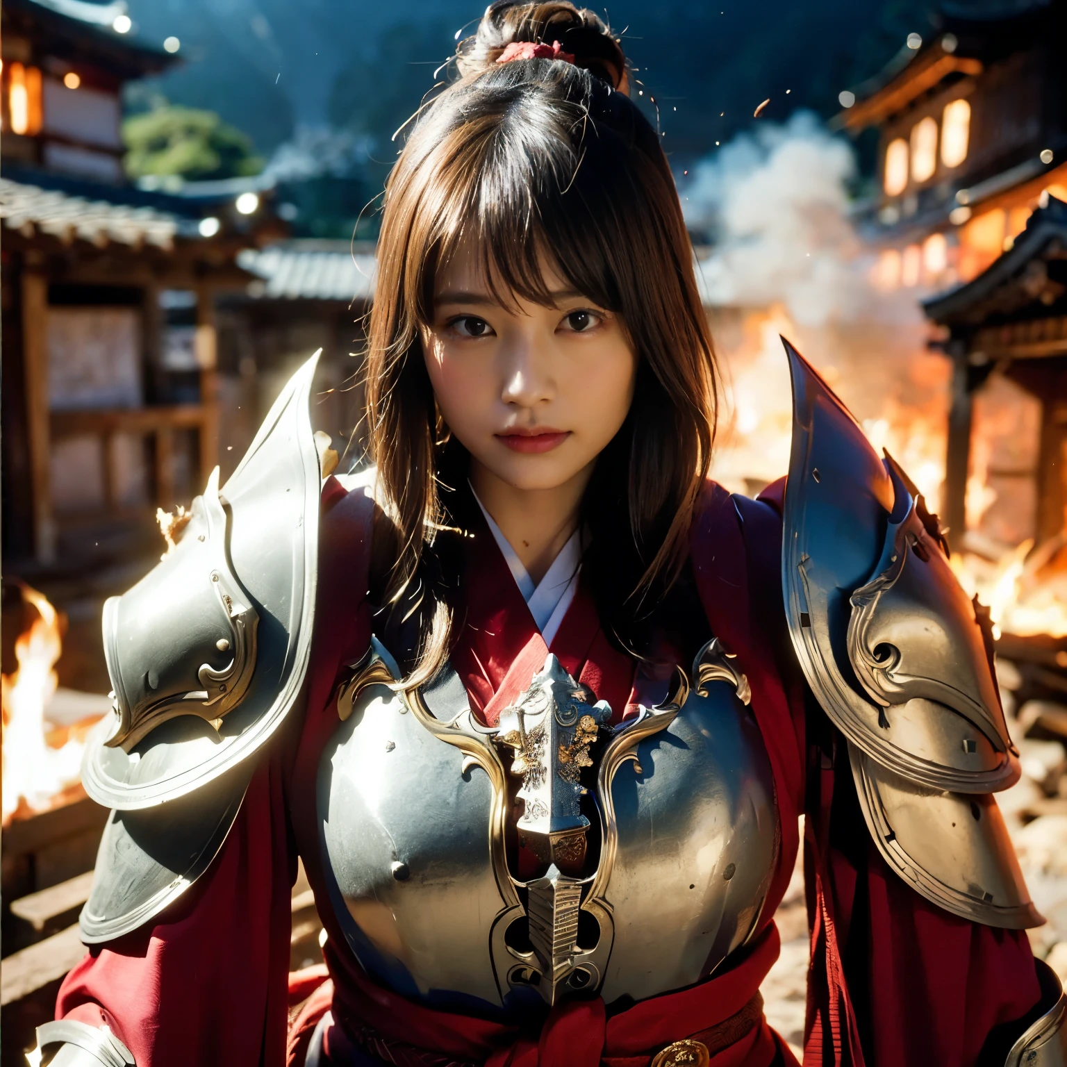 (((Realistic, masterpiece, best quality, crisp detail, high definition, high detail, sharp focus, perfect studio lightning))), 20 years old assassin, kasumi arimura, wearing (((fully decorated golden armor, armored kimono))), fighting stance, dirty, sweating, blood scattered, bloodbath, carnage, fire everywhere, smoke everywhere, blood everywhere, death everywhere, japan bakumatsu period, (((dead bodies,carcass, ,fire,smoke,burned japanese castle village,hell) traditional village background)