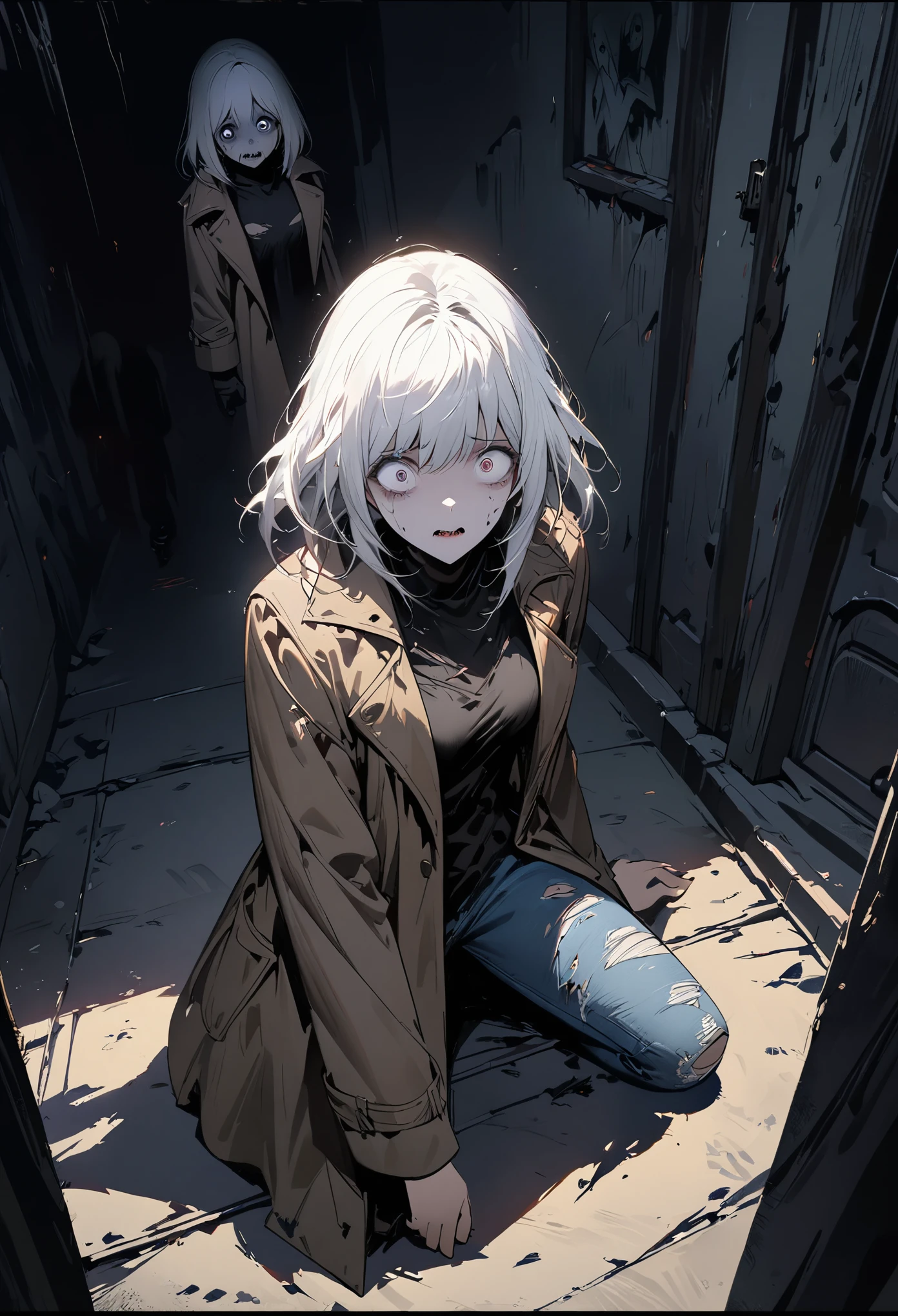 (suspense scene ((CONCEPT ART)), extremely detailed with a girl wearing jeans with brown coat and boots), (better lighting, better shadow, an extremely delicate and scary), (digital illustration), ((4k painting)), [(dynamic angle,((1girl)),white hair, (beautiful face, perfect face, scared,) expression of fear, torn clothes, a gun in hand, sitting on the floor, darkness, scary house),  [:(dark, mysterious, game paint, sinister setting, jagged corridors, big house, deadly silence):]