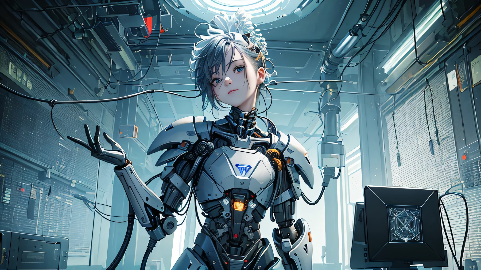 (((masterpiece))), (((Best quality))), ((ultra detailed)), (computer graphics), ((extremely cunning and beautiful)),(cute face on the desktop),Cinematic light ,((1 mechanical girl)),One,whole body, lesbian,(Machine Connections:1.4),((mechanical limb)),(Burst muscles),(Blood vessel, attached to the tube),(Brain in a container:1.3), ((Mechanical vertebrae are attached to the back..)),((Mechanical cervical vertebrae are attached to the neck.)),((is sitting)),(Raised ),expressionless face,(Wires and cables are attached to the head and body..:1.5),Small lower chest,short detailed hair,(Character Focus),Science fiction