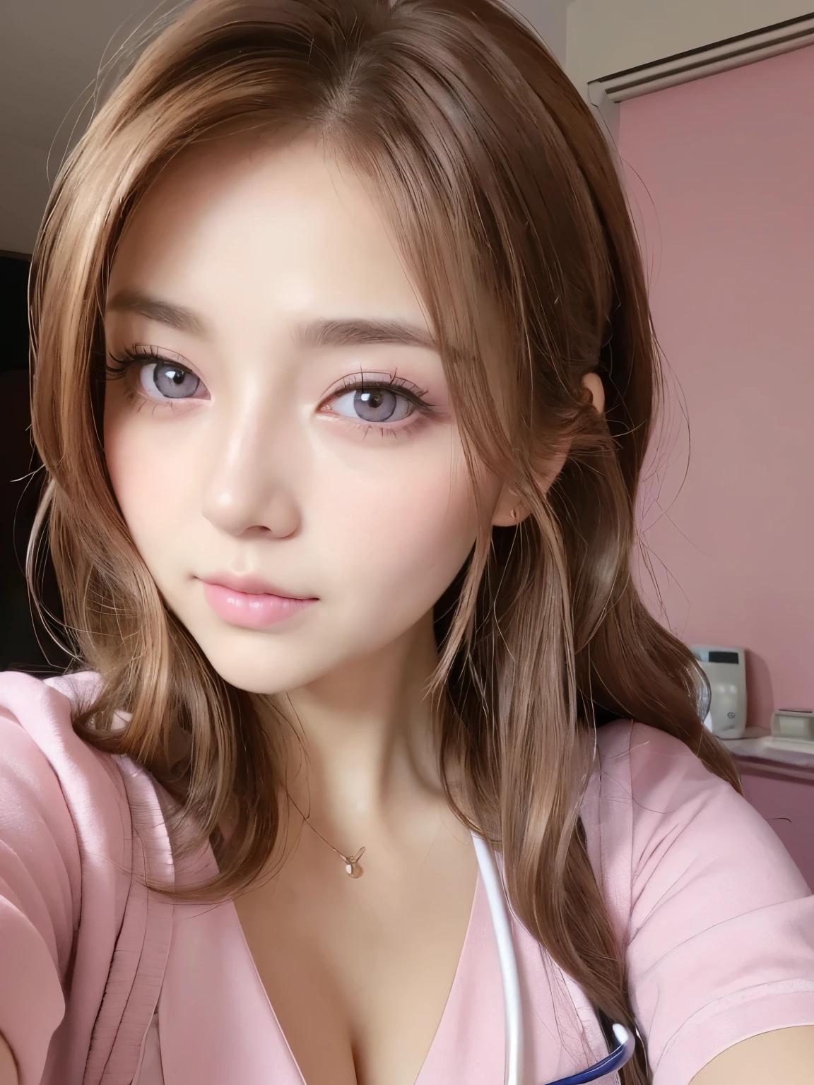(8K、Live shooting、highest quality、masterpiece:1.2、optimal lighting),(Photo taken by a professional photographer),(real、photo real:1.4),break,(1 woman、Japanese、30 years old、Refreshing、clear、seems kind、stylish、(narrow eyes),(long eyes)、Pitiful、cute like an angel、cute、black eyes、Idol,actress,),(very cute)、(chestnut hair:1.4),(curly hair:1.4),(medium long hair),(enchanting eyes),(highlight on eyes:1.4)、{ (Pink theme:1.4),(nurse )costume),(nurse)},(cleavage:1.2), break, break,(Hospital,hospital room),(on the bed),(night),break,,break,( wistful:1.2),(face shot),(sitting on the bed),( face facing the viewer:1.6),night,(indirect lighting)
