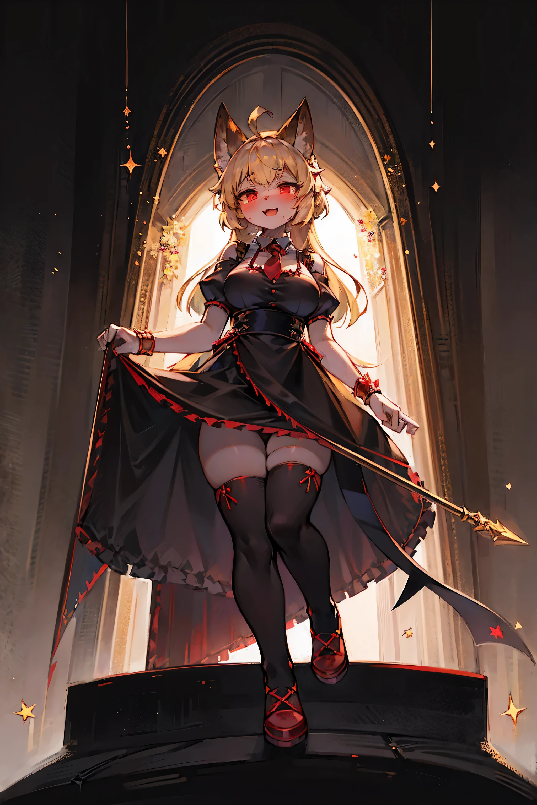 houjuu nue, 1 girl, alone, chest, looking at the viewer, blush, short hair, open your mouth, bangs, black hair, red eyes, Thighhighs, dress, bow, holding, hair between eyes, medium chest, full body, arms, Ahoge, short sleeve, frills, wing, shoes, teeth, pointed ears, black Thighhighs, bowtie, holding arms, black dress, red bow, zettai ryouiki, button, short dress, extreme arm, Wristband, 赤いshoes, red bowtie, center frills, asymmetrical wing, magic circle, holding extreme arm, red wing, blue wing, footwear bow,masterpiece, highest quality, Super detailed, CG illustration, High resolution, better lighting, best shadow, very delicate and beautiful, proper shading, hd, 8K,1 girl, alone, long hair, chest, looking at the viewer, blush, smile, open your mouth, bangs, blonde hair, simple background, hair ornaments, red eyes, white background, dress, ribbon, animal ears, medium chest, hair ribbon, Ahoge, short sleeve, :d, colorful hair, tie, plump sleeves, star (symbol), black dress, puffy short sleeve, striped hair, animal earsの綿毛, black ribbon, black bow, tooth, red tie, star hair ornaments