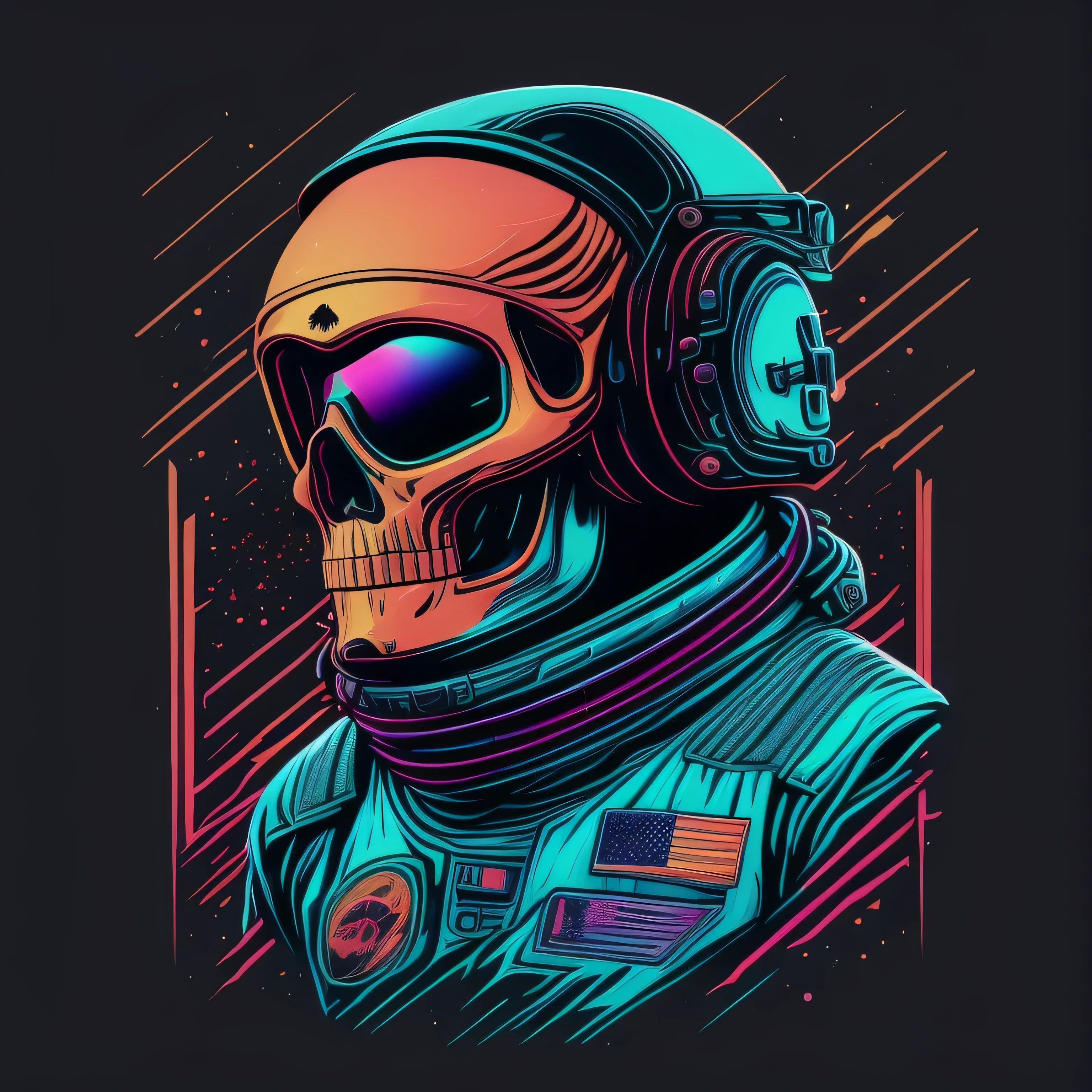 skull face astronaut, the space, galaxy, 80's vector image, T-shirt design, isolated, black background, teal orange illustration and red only, strong color, detail object