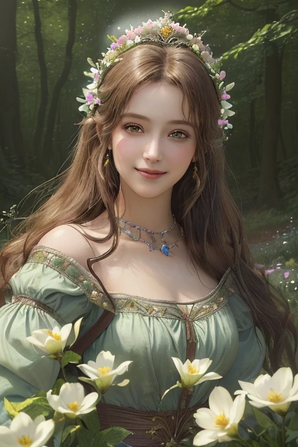 best quality, masterpiece, (photorealistic:1.4), Close up, 1 girl, Princess, sly smile,upper body, Medieval, flowers around, forest background, sweet girl, IDOL, moon, -- Face Details:1.7 --