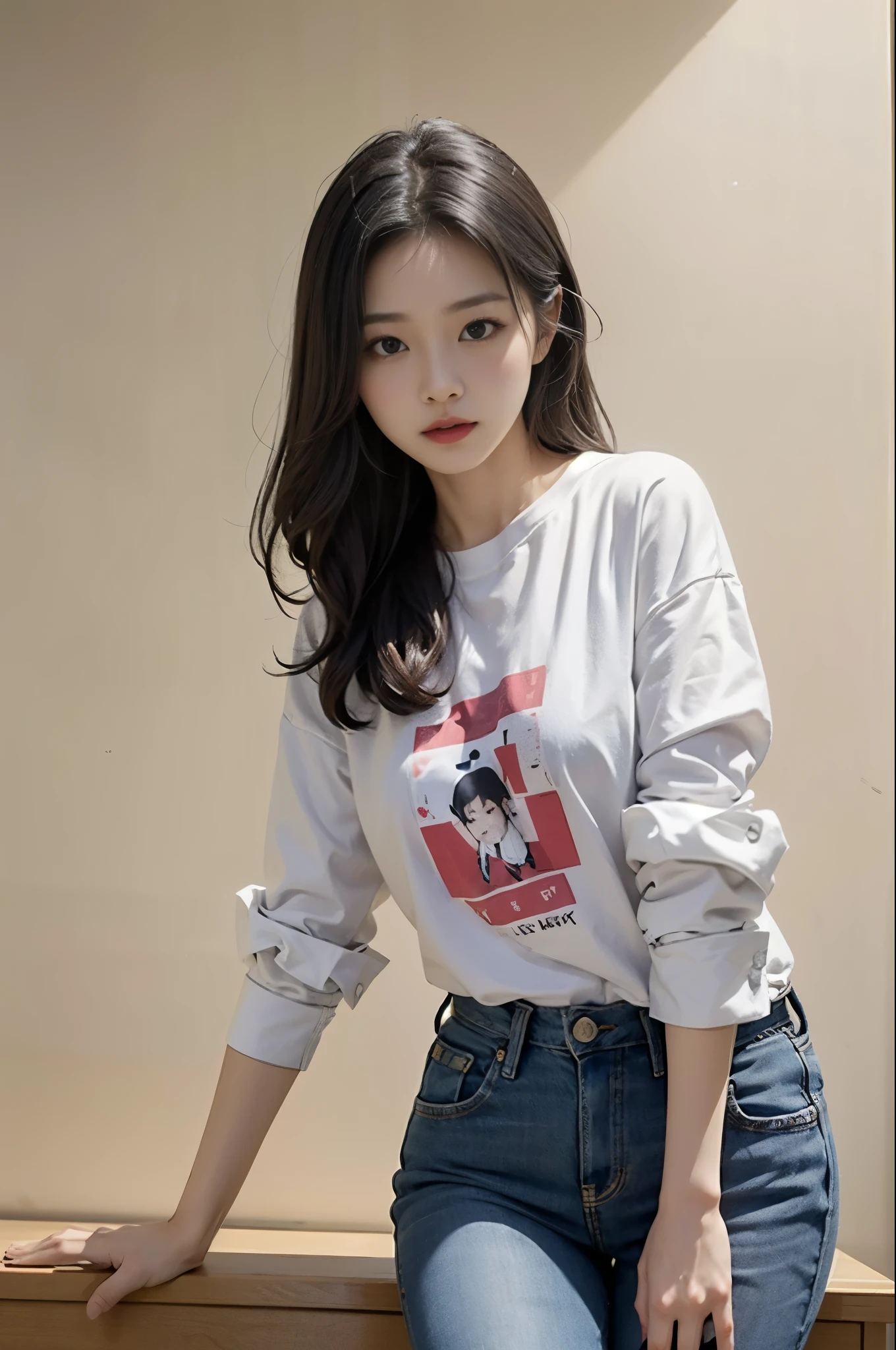 A woman wearing a white shirt and jeans is posing for a photo, korean beauty, different actions,