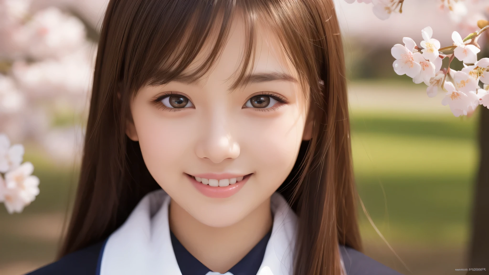 (1 girl), (big round eyes), brown eyes, (high school uniform:1.2), (highest quality: 1.4), (Super detailed), (highest quality:1.4), (Super detailed), evening, very high resolution, close up face, anime, anime illustration, wonderful, neat, smile, cherry blossoms