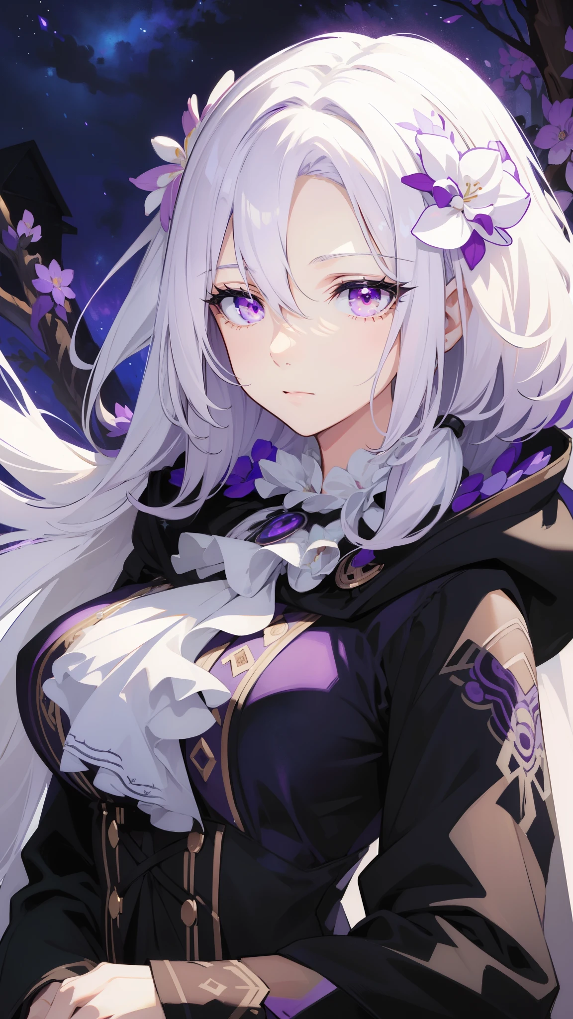 (best quality:1.3), (masterpiece:1.3), (illustration:1.3), (ultra-detailed:1.3), 1girl, (((large breasts))), ((((purple eyes))), (((white hair))), hair ornaments, tall, mature, long hair, upper body, black suit, ascot, cloak, long sleeves, skirt, dressaug, hair between eyes, purple flowers, looking at viewer, hair ornament, night sky, glowing purple flowers, french braids, nice hands, perfect hands,