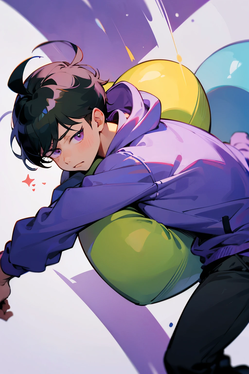 Osomatsu-san,One loose,1 person,purple hoodie,male,Stinking eyeessy hair,purple eyes,short thin eyebrows