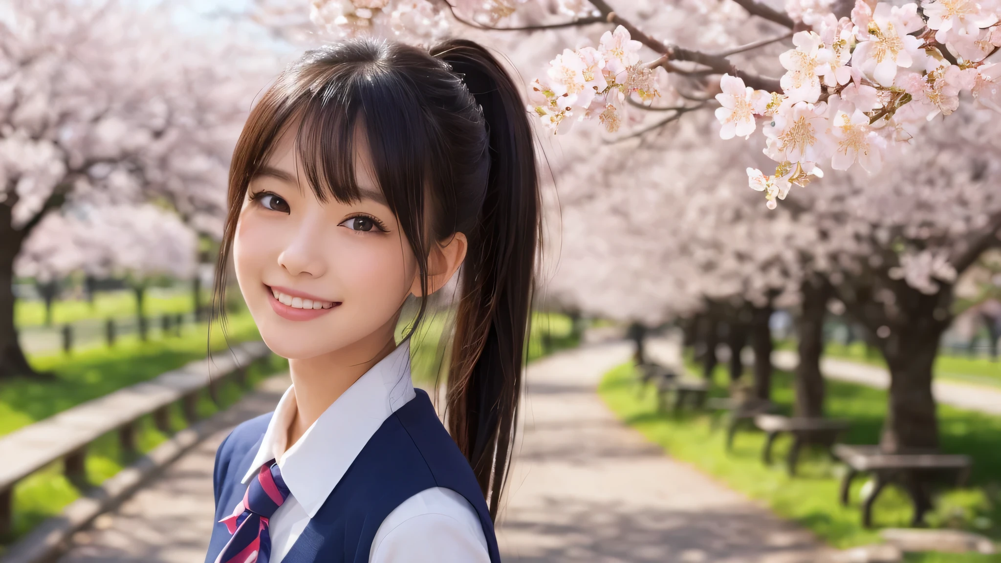 ponytail, (1 girl), (big round eyes), cute smile, brown eyes, (high school uniform:1.2), (highest quality: 1.4), (Super detailed), (highest quality:1.4), (Super detailed), evening, very high resolution, (Upper body), close up face, school anime, anime illustration, Cherry tree, (garden, River side), Hair fluttering in the spring breeze, Cherry blossom trees, Cherry tree in full bloom,