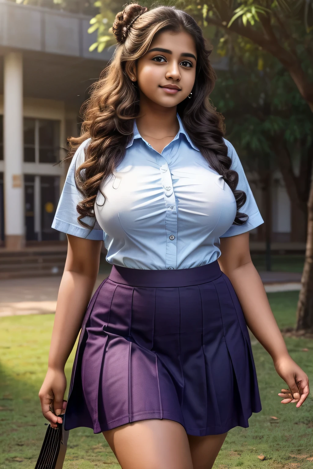 Random outdoor image of 21yo in school school photo in school masterpiece, (photorealistic:1.7), best quality, beautiful lighting, Eleanor Marathi girl 20yo Old Big Breasts Plus Size Model (flat belly) random colour beautiful eyes extremely high Bun long extreme curly hair Lifts random split party Skirt.