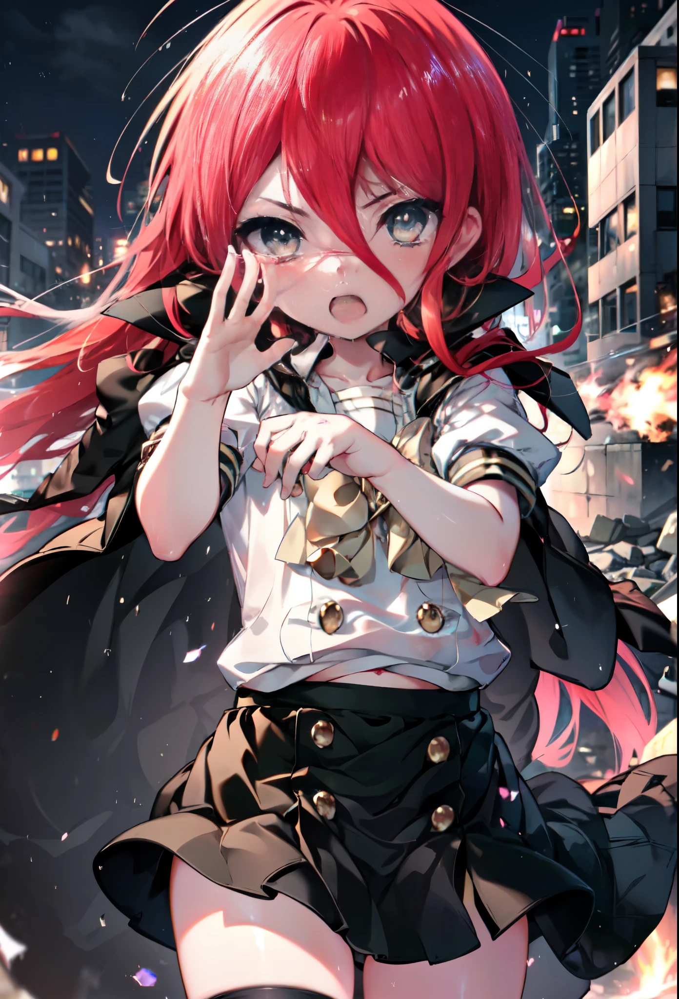 1 girl, cowboy shot, rubble ruins, anger, (battle preparation:1.2), close both eyes,tears run down her face,Crying with joy,open your mouth, (night:1.2), explosive inflammation,shana, red eyes, redhead, very long hair, hair between eyes, (Ahoge:1.1), explosive flame,abandoned building,rubble serafuku, white shirt, short sleeve, green skirt, Thighhighs, black riders,(masterpiece:1.2), highest quality, High resolution, unity 8k wallpaper, (shape:0.8), (beautiful and detailed eyes:1.6), highly detailed face, perfect lighting, Very detailed CG, (perfect hands, perfect anatomy),