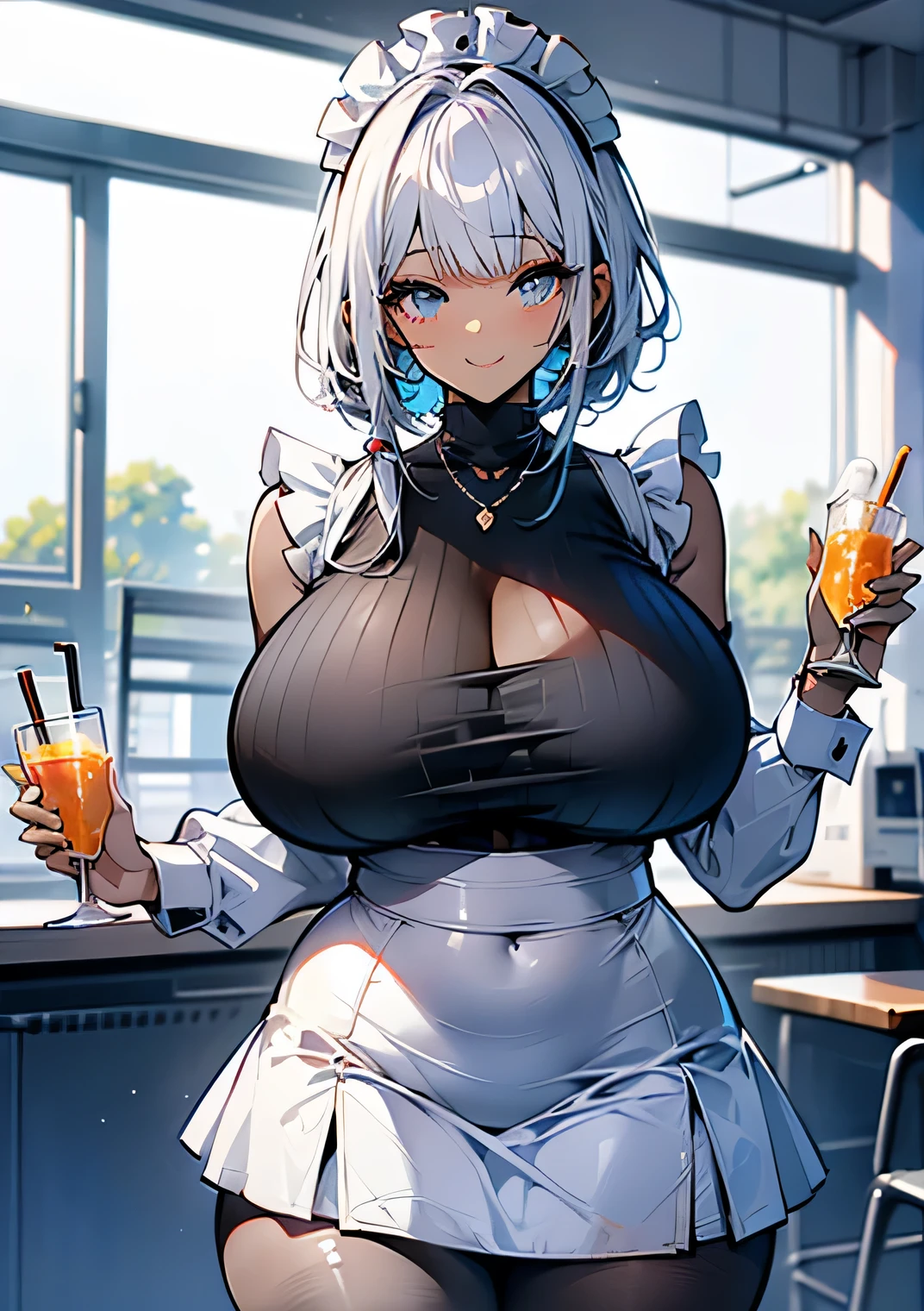 Erotic Anime Illustration、High resolution、A plump dark-skinned maid working in a cafeteria..、gray hair、Maid clothes、perfect proportions、sexy smile、Kagamine rin、Overwhelming big breasts that go beyond common sense、thick legs with fat、cowboy shot