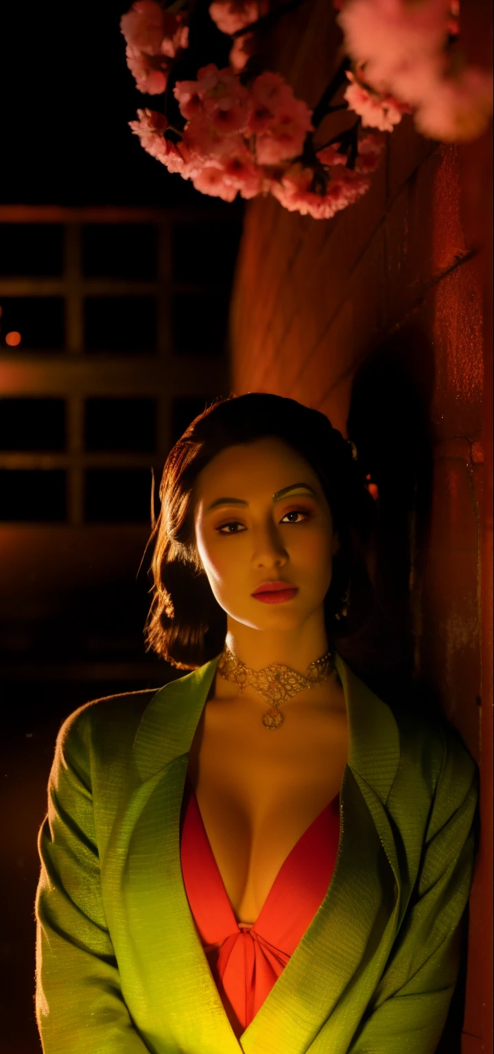 (Masterpiece, Excellent, 1girl as queen ceirsei, solo, complex details, color difference), realism, ((medium breath)), off-the-shoulders, big breasts, sexy, red highlight, hair above one eye, green eyes, earrings, sharp eyes, perfectly symmetrical figure, choker, neon shirt, open jacket, turtleneck sweater, against the wall, brick wall, graffiti, dim lighting, alley, looking at the audience, ((mean, seductive, charming)), ((cherry blossom background ))),((Japanese temple background)))), (((Glow-in-the-dark background)))