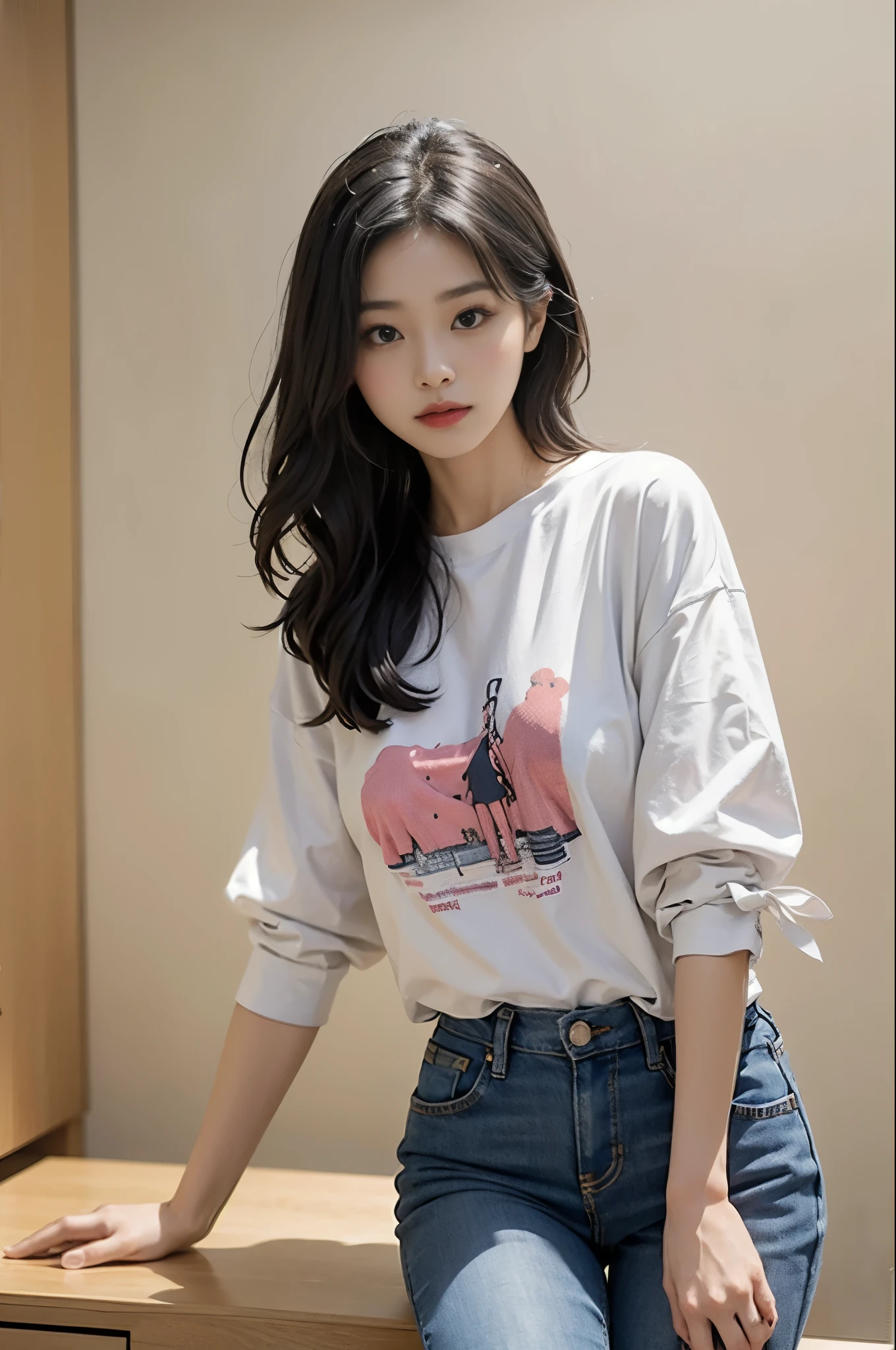 A woman wearing a white shirt and jeans is posing for a photo, korean beauty, different actions,