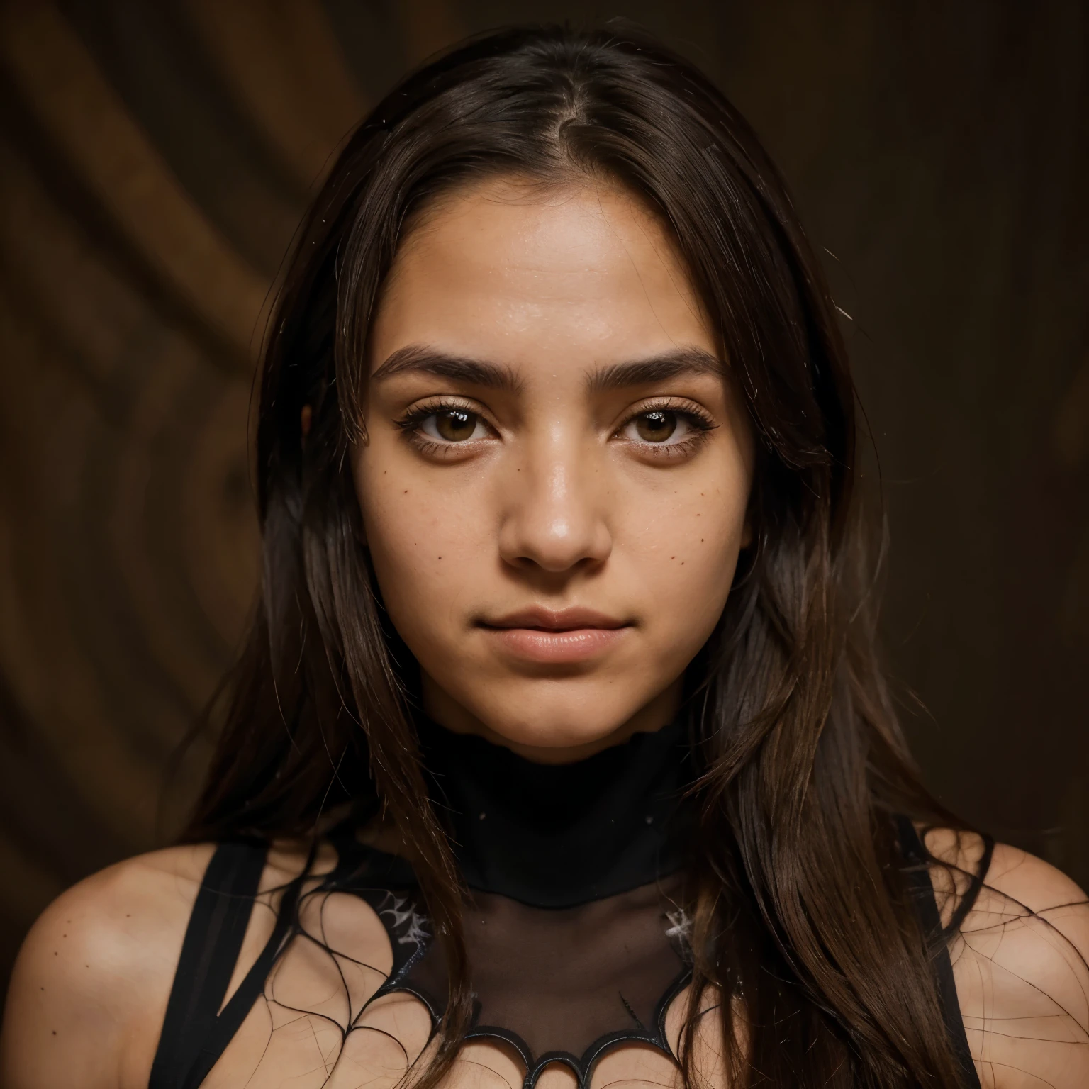 Chica, Brown eyes, cabello medio largo, serious expression, light brown hair, pecas poco visible
Plano medio, retrato
fondo negro, obra maestra de fondo simple, Best quality spider suit, spiderweb print, spiderweb,