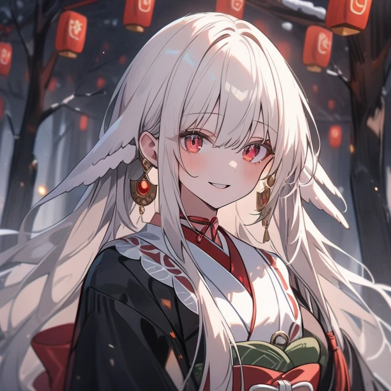 4K, actual, high detail, Super eyes detailed, Fashion clothing, black trench coat, Black kimono , long hair, in the woods ,  white hair, red eyes, Yae Shrine Maiden, 
