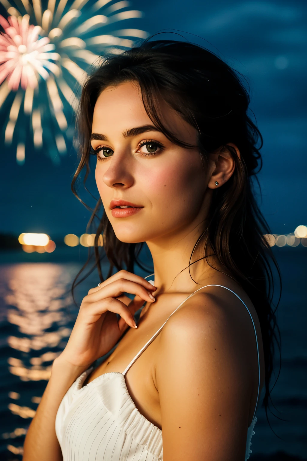 A woman, with messy hair cascading down her shoulders, is captured in a perfect moment on the beach. She wears classic, casual clothes that hug her perfect body, every curve accentuated by the soft light. In the background, fireworks ignite the night sky, their colors reflecting off the water. The woman gazes seriously into the camera, her perfect face framed by the warm glow of the fireworks. her hand posed delicately in front of her, each finger long and perfectly shaped, her lips a softly defined line, her eyes expressive and serious. The perfect background sets the scene for this cinematic capture, the atmosphere charged with anticipation. This professional-grade image, shot in