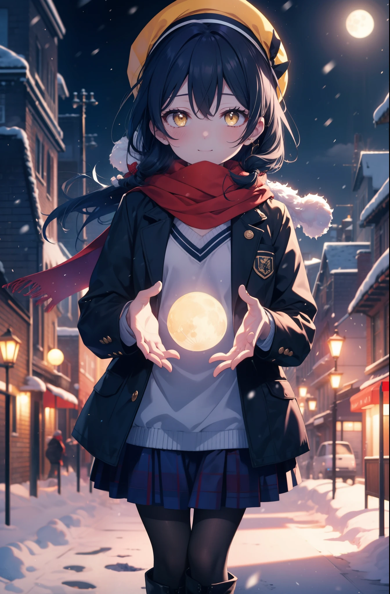you are so kind, umi sonoda, long hair, blue hair, (yellow eyes:1.5) (flat chest:1.2),smile,blush knit hat,blue long coat, turtleneck, long skirt,black pantyhose,short boots,red orange scarf,snow is falling,It's snowing,moon,moon光、
break looking at viewer,
break outdoors, In town,residential street,
break (masterpiece:1.2), highest quality, High resolution, unity 8k wallpaper, (figure:0.8), (detailed and beautiful eyes:1.6), highly detailed face, perfect lighting, Very detailed CG, (perfect hands, perfect anatomy),