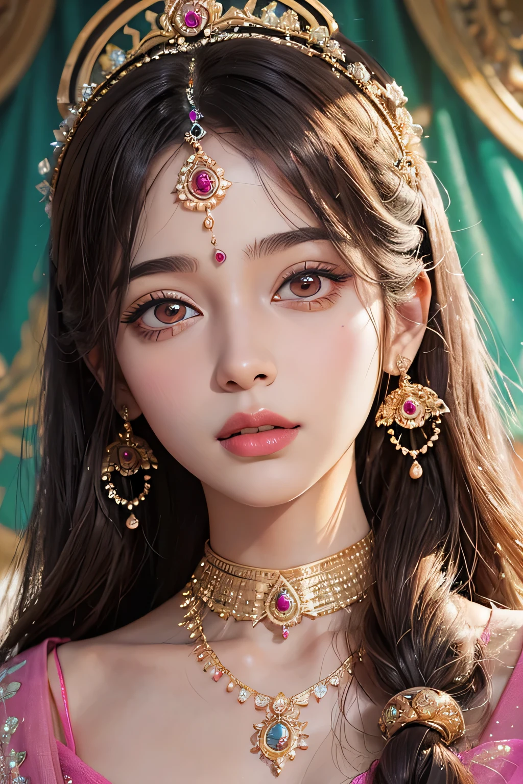 a painting of a woman in a pink sari with gold jewelry, indian goddess of wealth, indian goddess, a stunning portrait of a goddess, portrait of a beautiful goddess, 3 d goddess radha portrait, portrait painting of radha rani, beautiful character painting, inspired by Shri Radha rani, goddess radha, Shri Radha, traditional female hairstyles, goddess portrait, beautiful avatar pictures, goddess close-up portrait