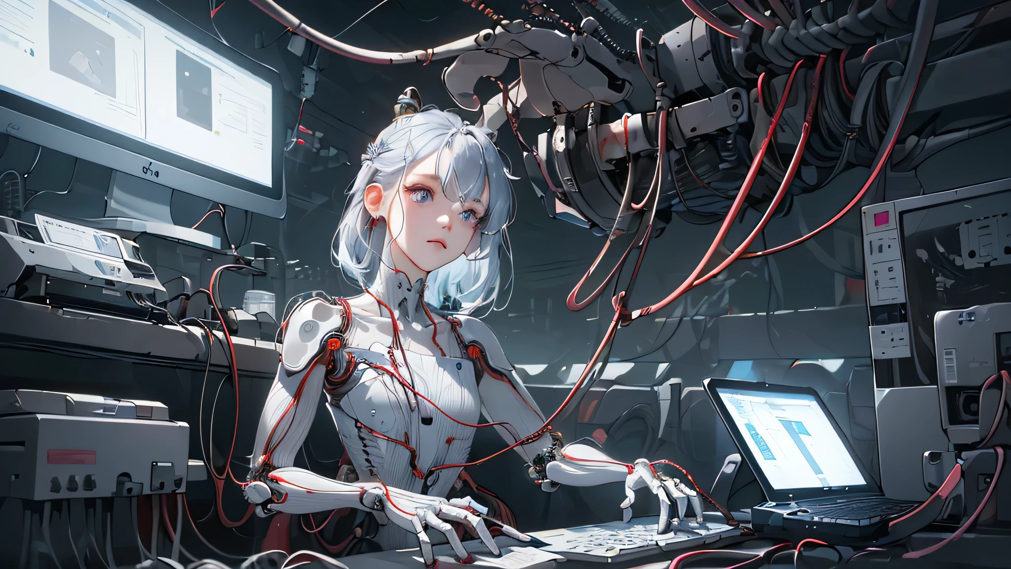 absurdity, A high resolution, ultra detailed, 1 girl, One, extremely detailed eyes, (highly detailed computer illustration), ((very gentle and beautiful)),(Sweet gentle face),Cinematic light,((1 mechanical girl)),whole body,(Machine Connections:1.4),((mechanical limbs)),(Blood vessel, connected to tubes),((mechanical vertebra, attached to the back)),((mechanical attachment of the cervix to the neck)),((is sitting)),inexpressive,(wires and cables, attaches to head and body:1.5),(Character Focus),Science fiction