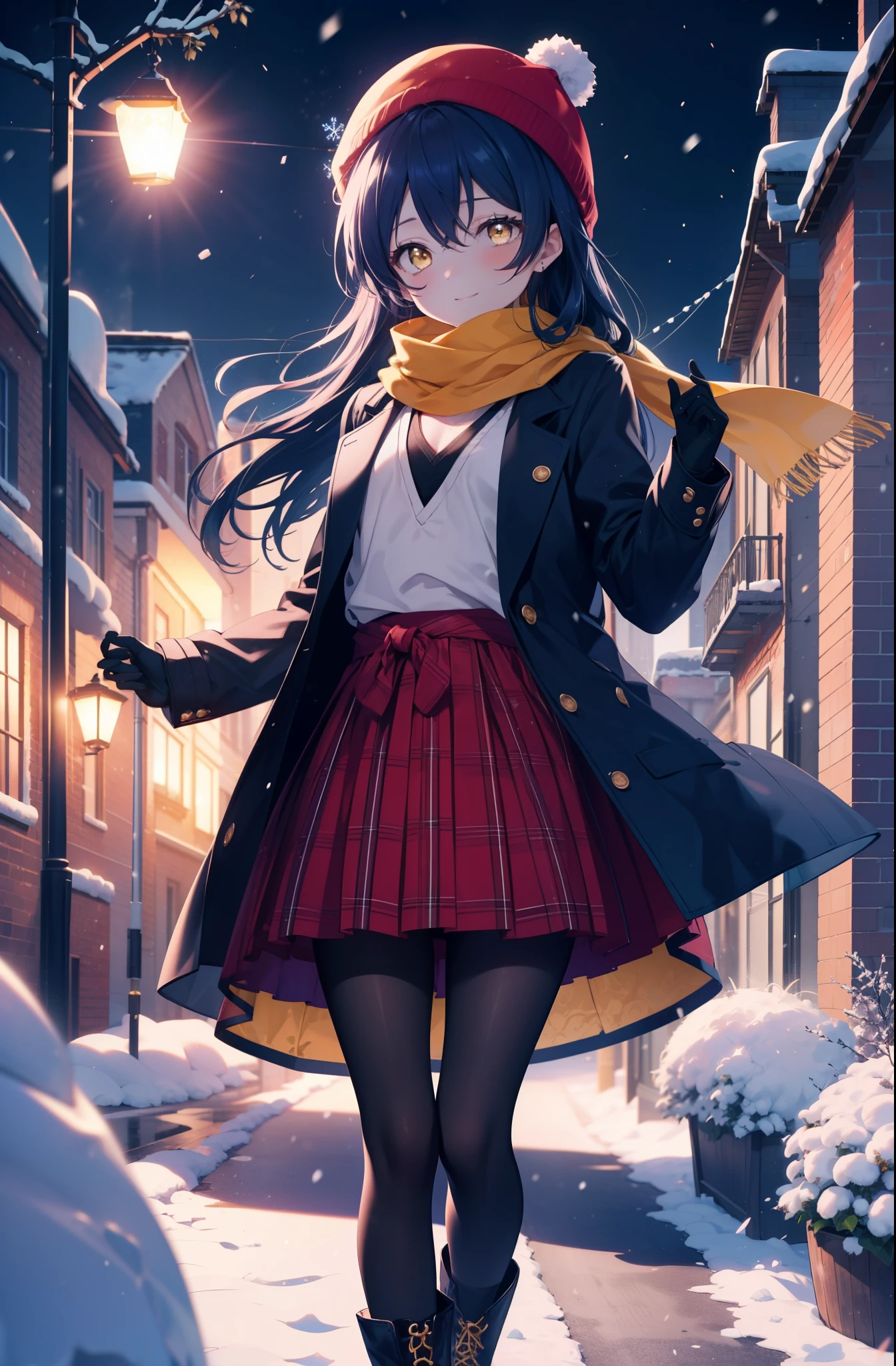 you are so kind, umi sonoda, long hair, blue hair, (yellow eyes:1.5) (flat chest:1.2),smile,blush knit hat,Blue fluffy long coat, blue fluffy gloves,turtleneck, long skirt,black pantyhose,short boots,red orange scarf,snow is falling,It&#39;s snowing,moon,moon光、
break looking at viewer,
break outdoors, In town,residential street,
break (masterpiece:1.2), highest quality, High resolution, unity 8k wallpaper, (figure:0.8), (detailed and beautiful eyes:1.6), highly detailed face, perfect lighting, Very detailed CG, (perfect hands, perfect anatomy),