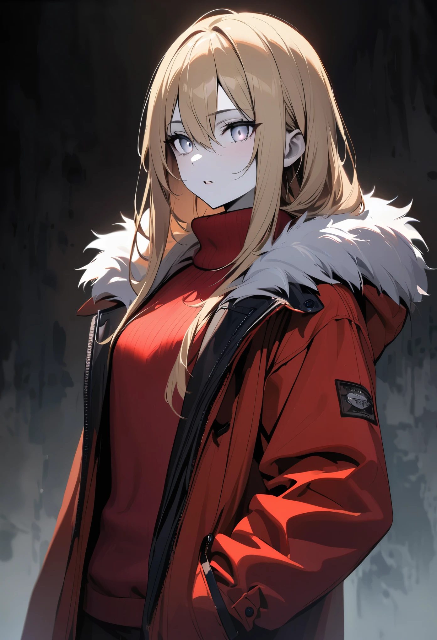 detailed, (masterpiece:1.2), (pale_skin:1.2), (solo:1.2), (female), slender, (glowing_eyes), long hair, bangs, blonde hair, long sleeves, hair between eyes, jacket, upper body, parted lips, open clothes, sweater, open jacket, coat, grey eyes, fur trim, turtleneck, fur collar, hand in pocket, open coat, turtleneck sweater, fur-trimmed jacket, red sweater